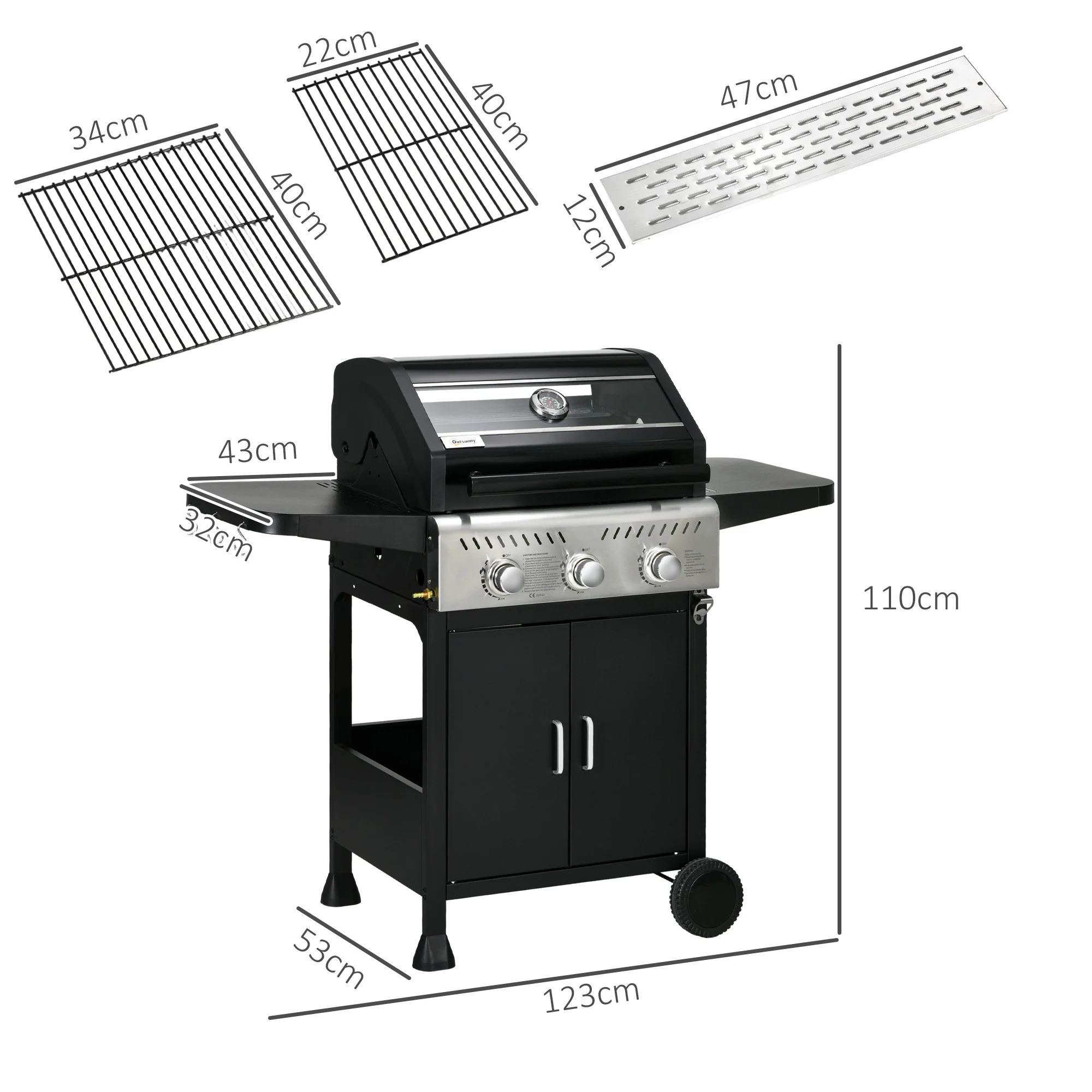 Outsunny 3 Burner Propane Gas BBQ Grill with See-through Lid and Thermometer - Image 5