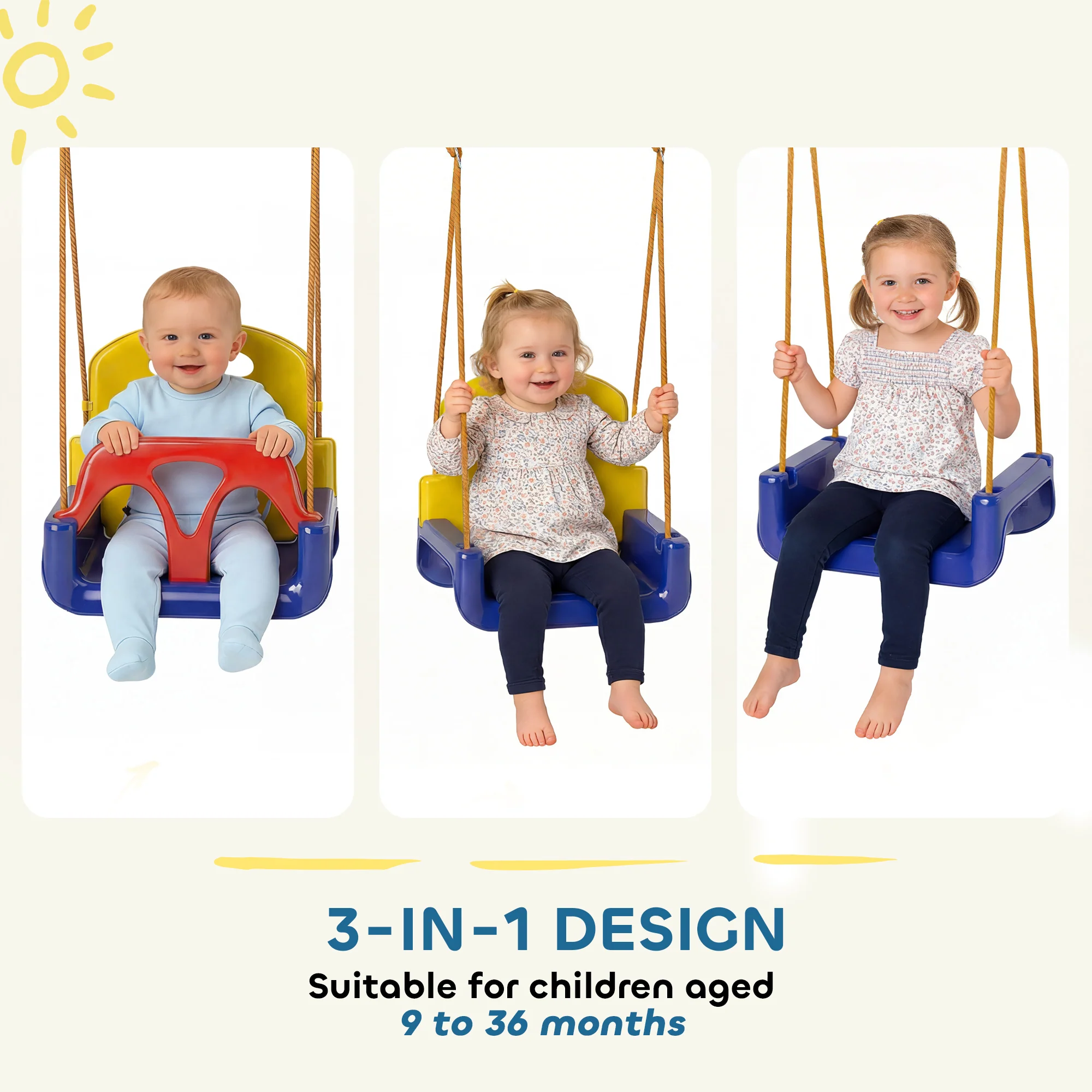 Outsunny 3 In 1 Kids Swing Seat, Adjustable Toddler Swing Chair, Dark Blue - Image 3
