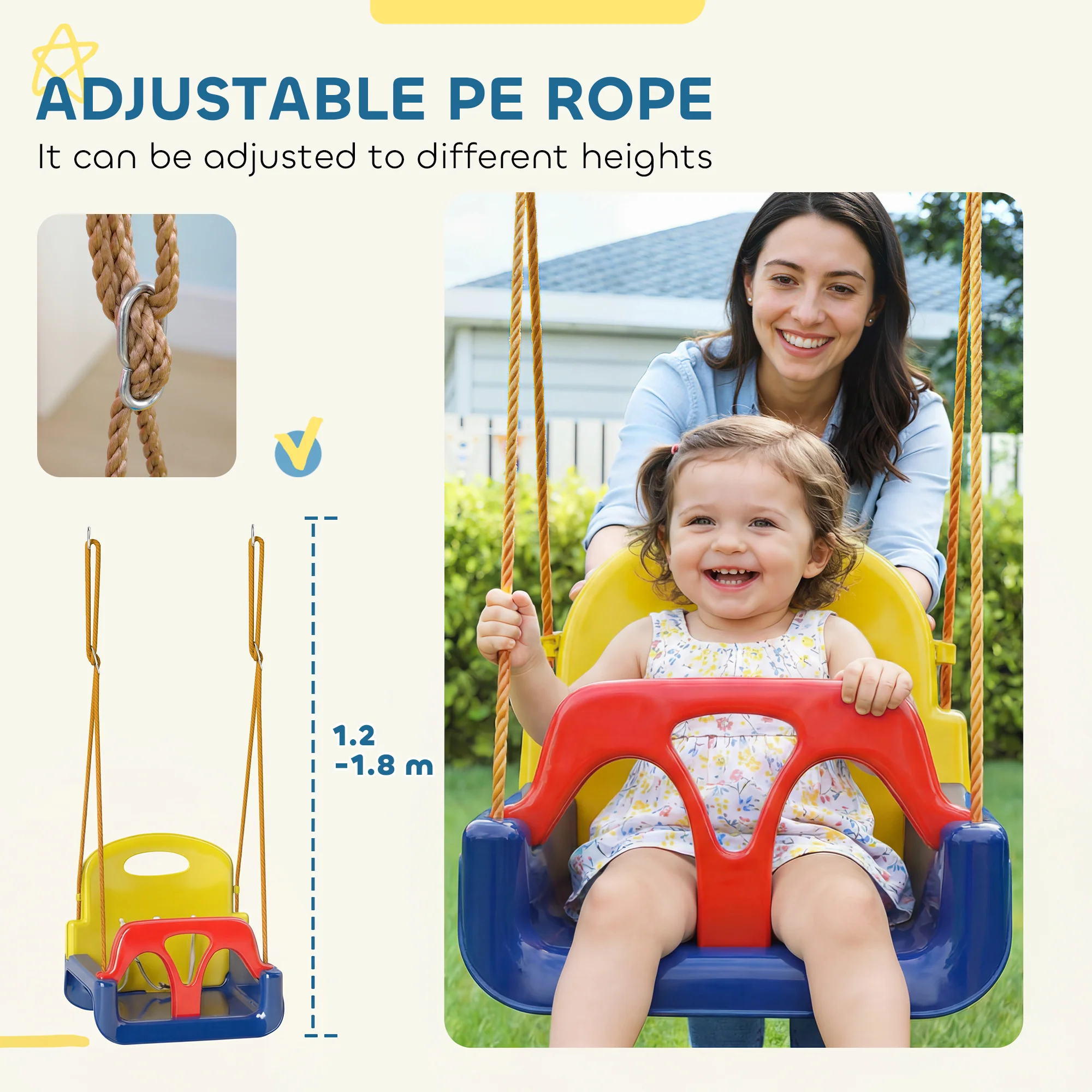 Outsunny 3 In 1 Kids Swing Seat, Adjustable Toddler Swing Chair, Dark Blue - Image 4