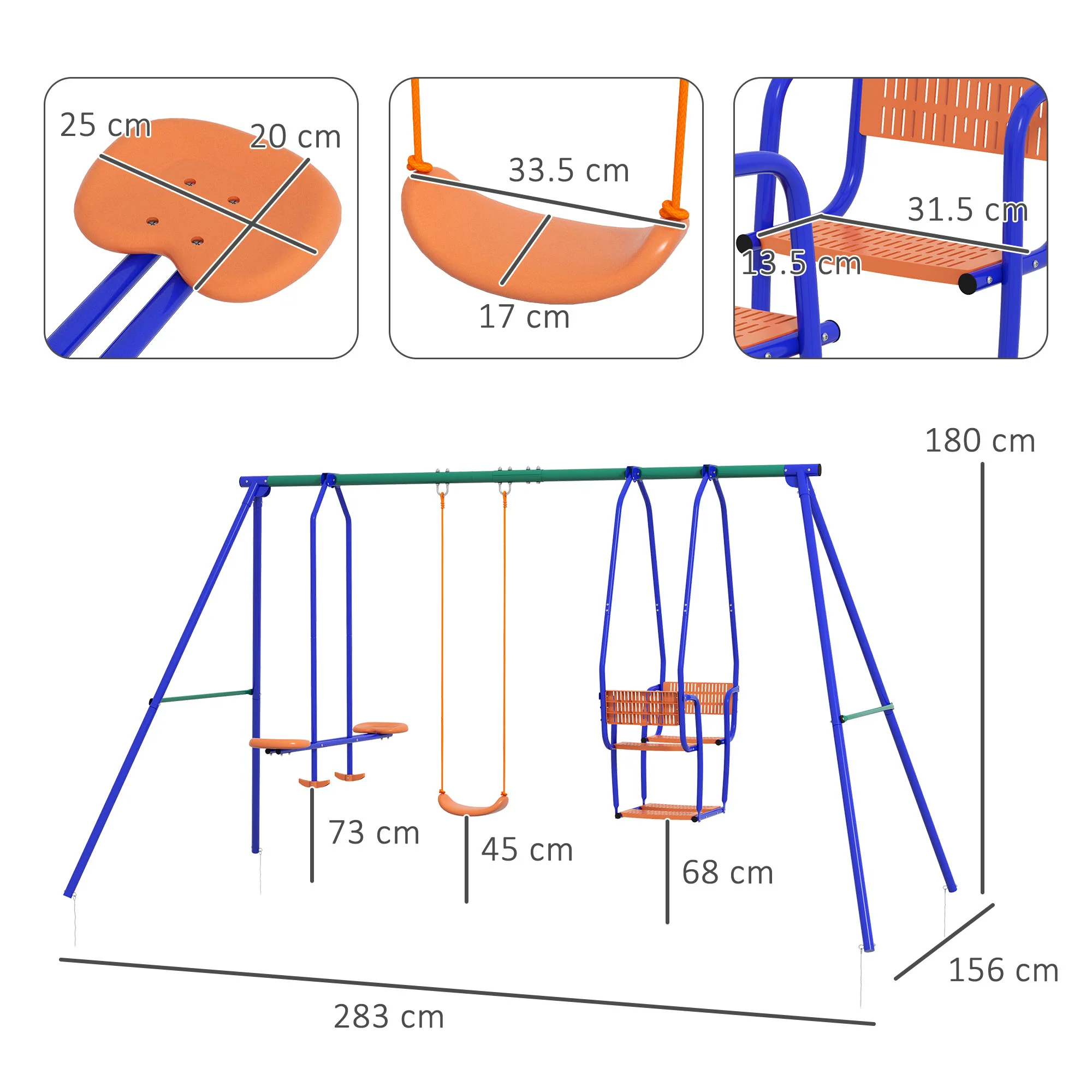 Outsunny 3 in 1 Metal Kids Swing Set with Swing, Glider, Rocking Chair, Orange - Image 5