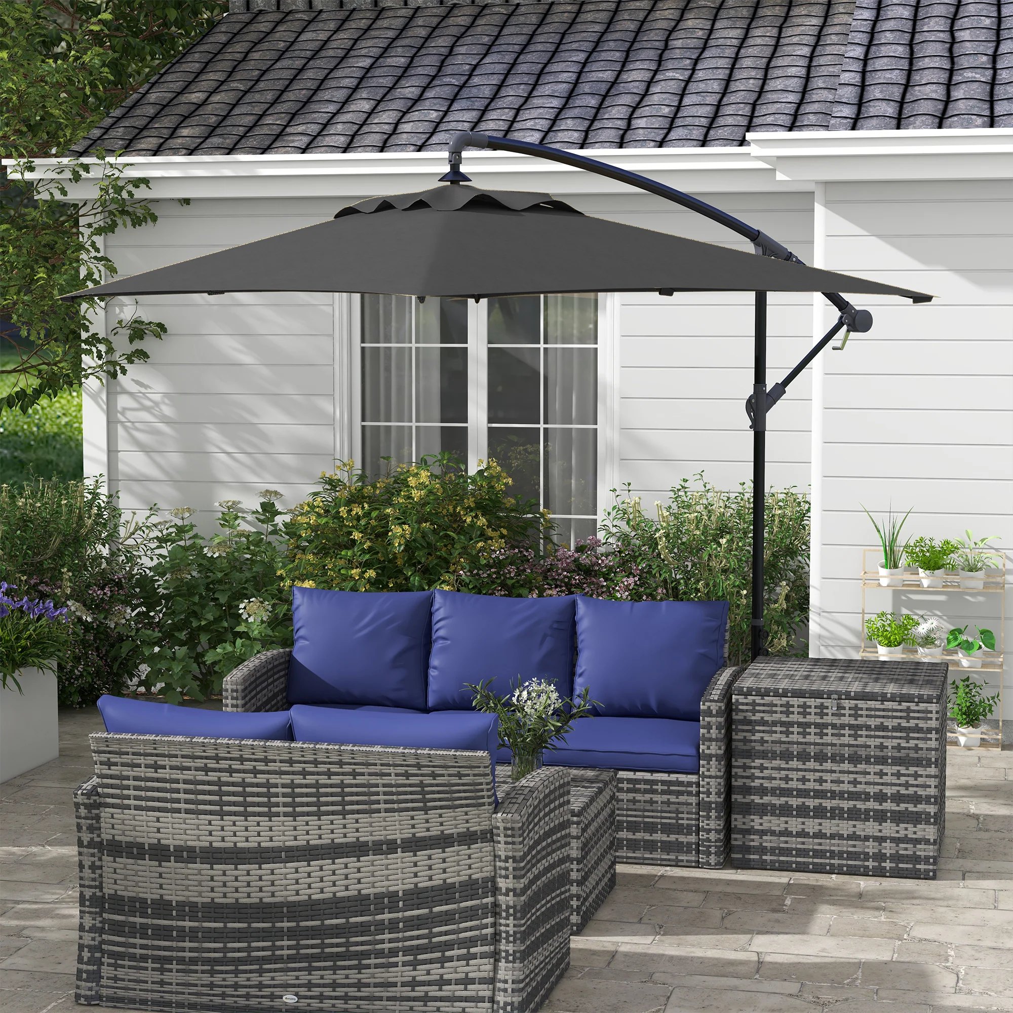 Outsunny 3 m Cantilever Parasol with Cross Base, Crank Handle, 6 Ribs, Black - Image 2