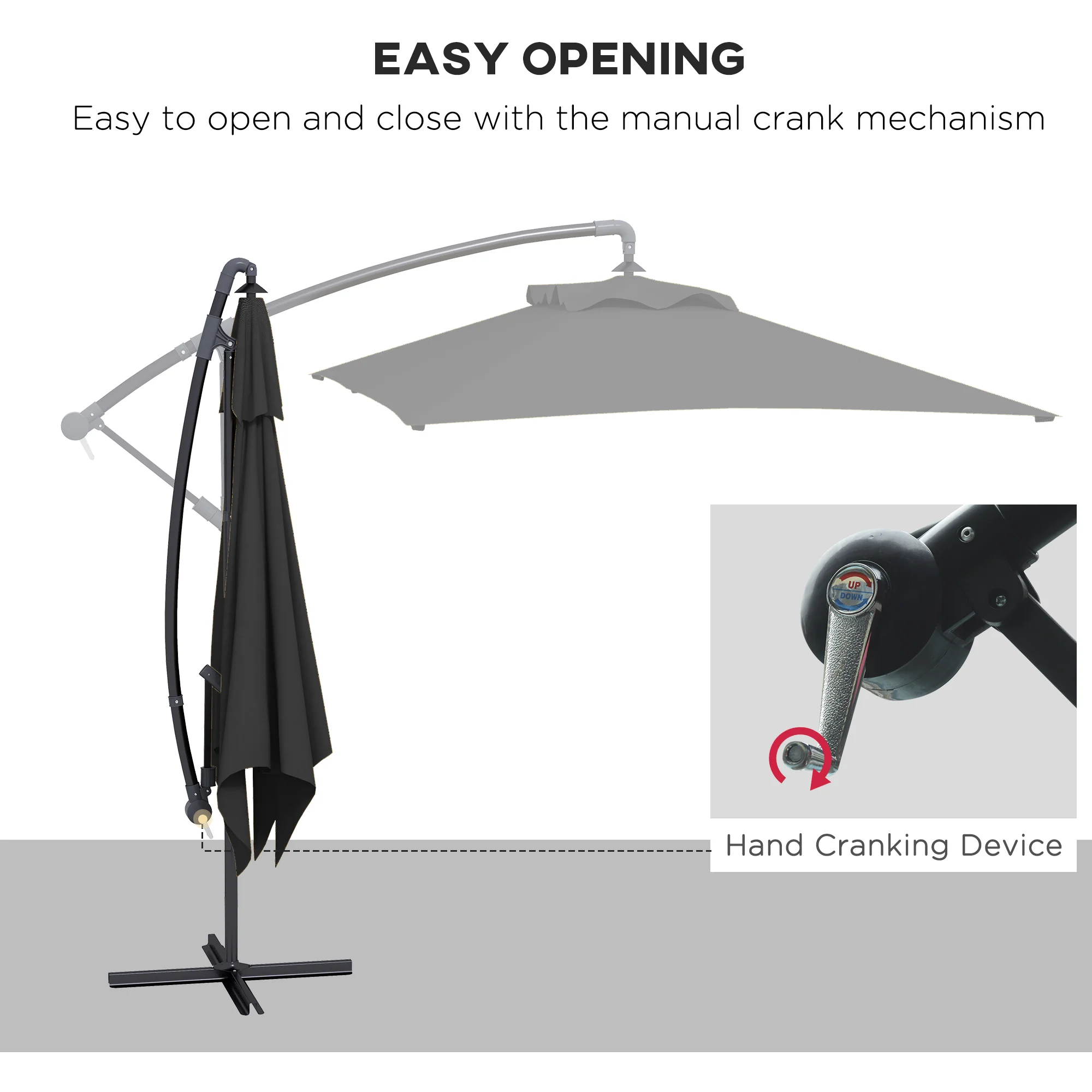 Outsunny 3 m Cantilever Parasol with Cross Base, Crank Handle, 6 Ribs, Black - Image 3