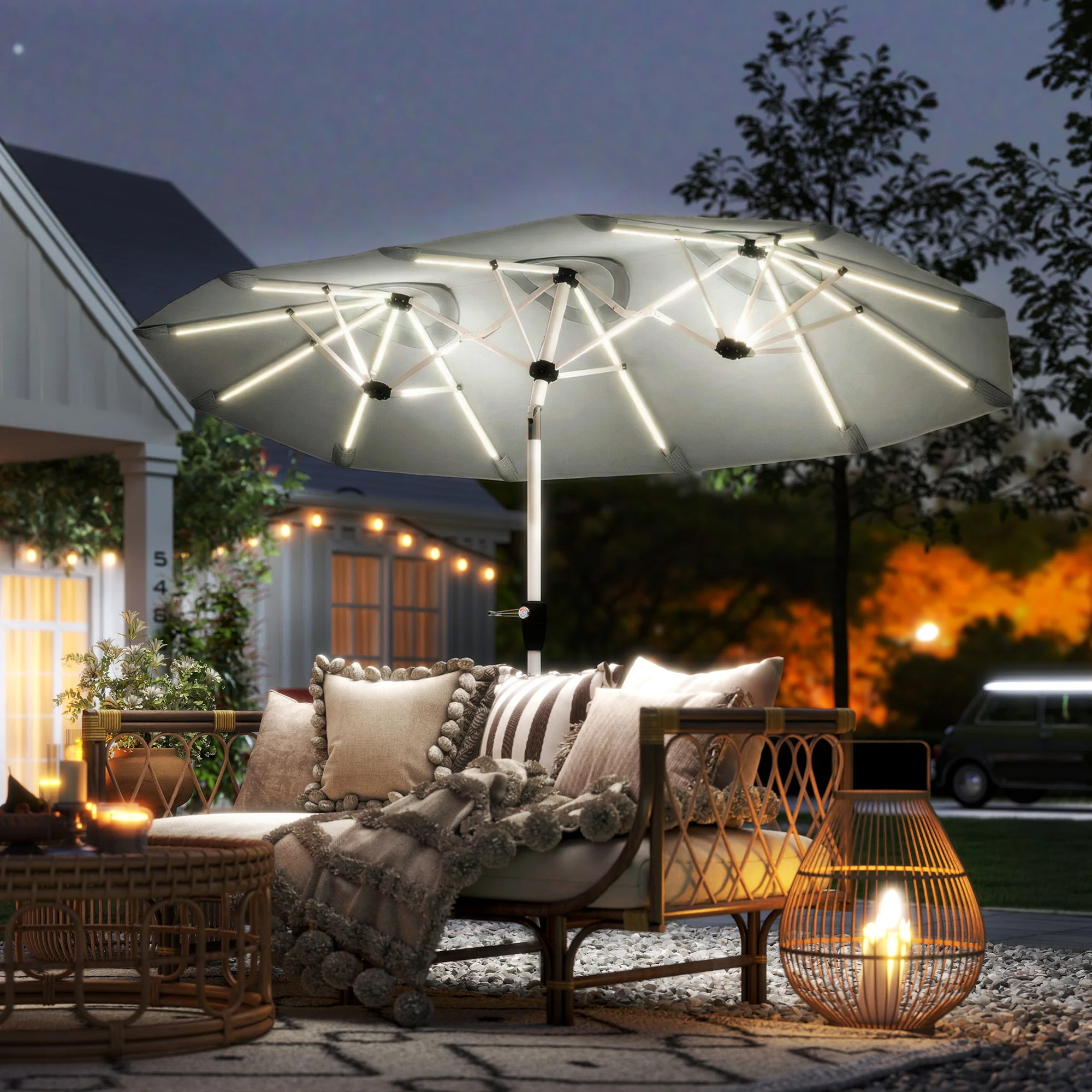 Outsunny 3 m Double-Sided Garden Parasol with Solar Lights, Grey - Image 2