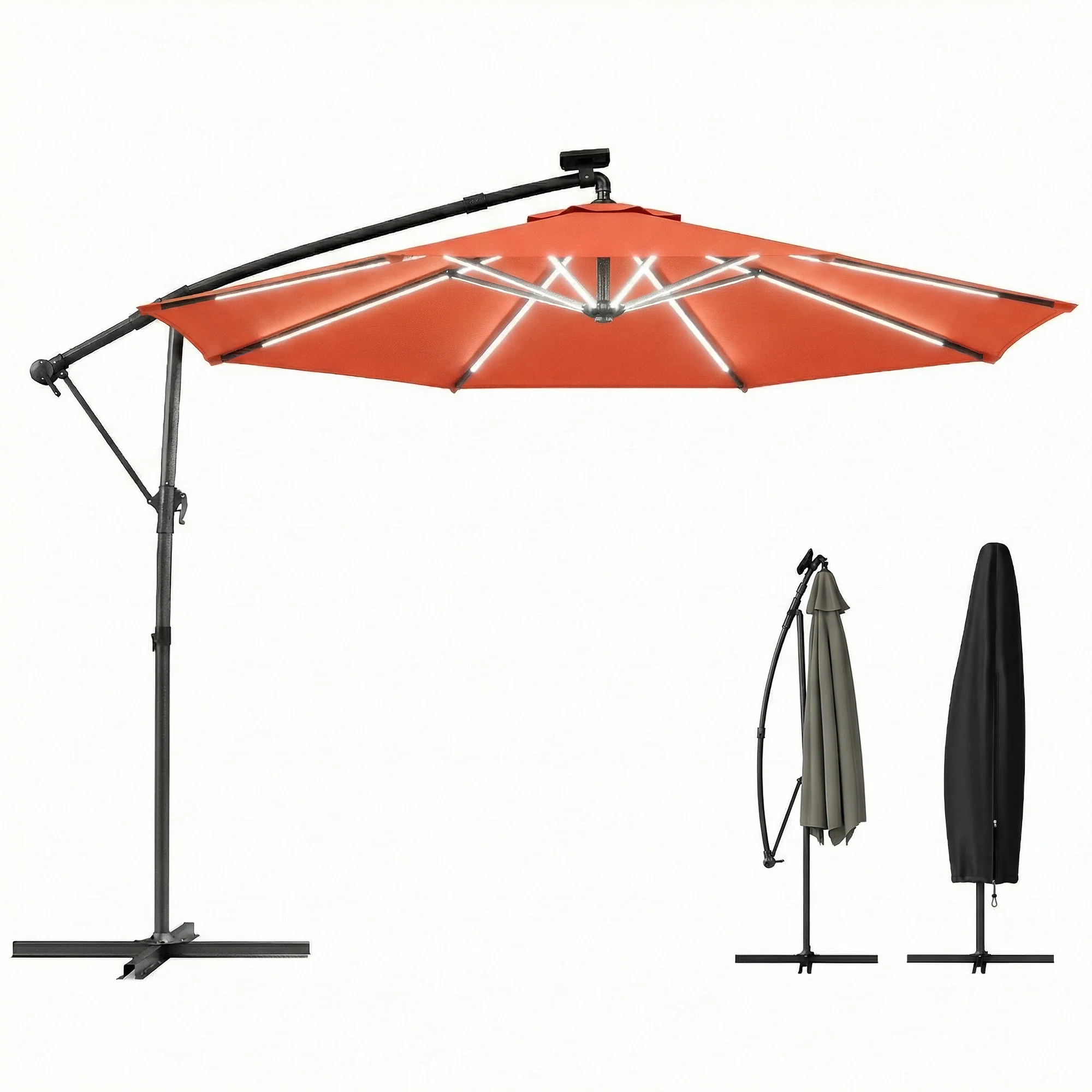 Outsunny 3 M Garden Cantilever Parasol With Solar Light, Rotation, Orange