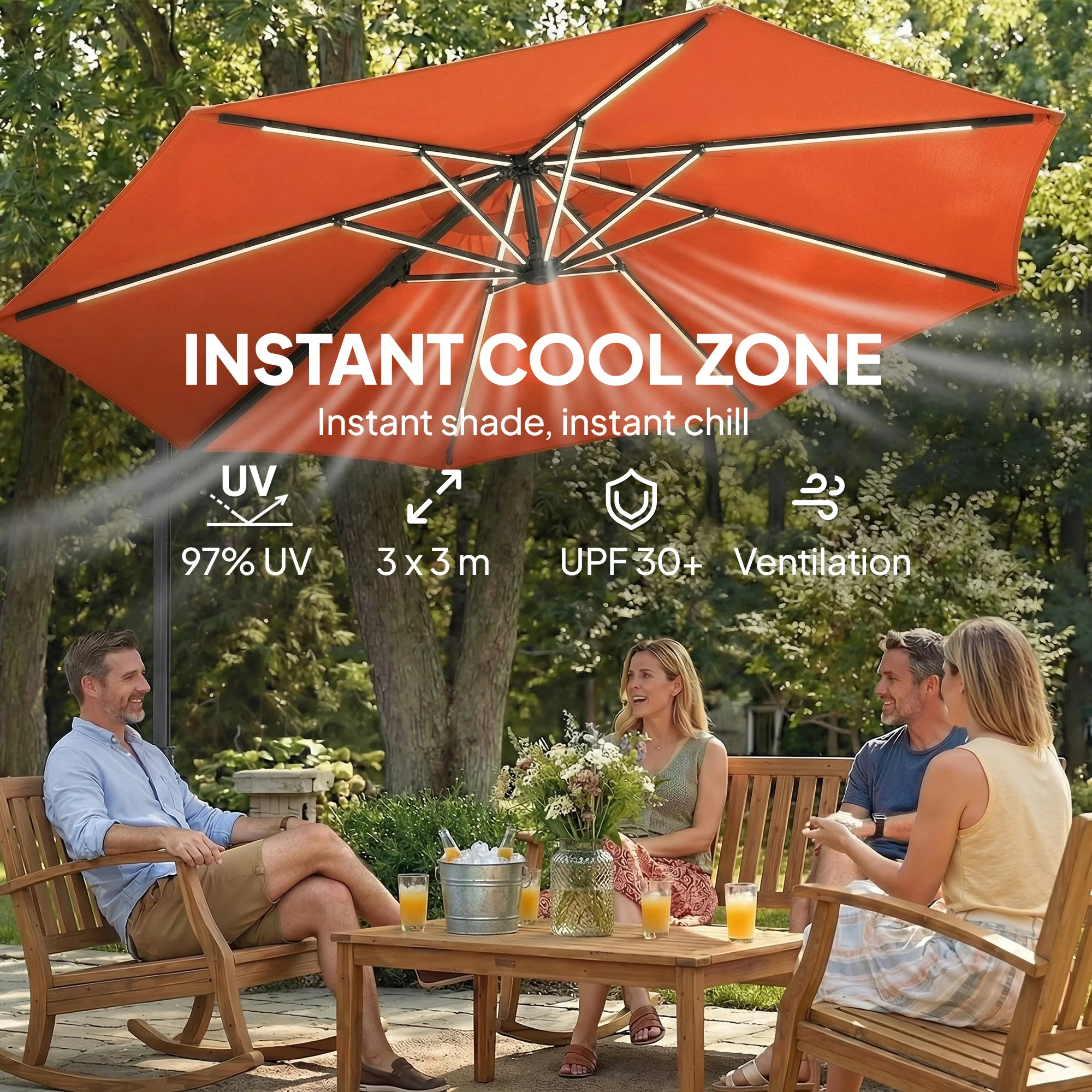 Outsunny 3 M Garden Cantilever Parasol With Solar Light, Rotation, Orange - Image 5