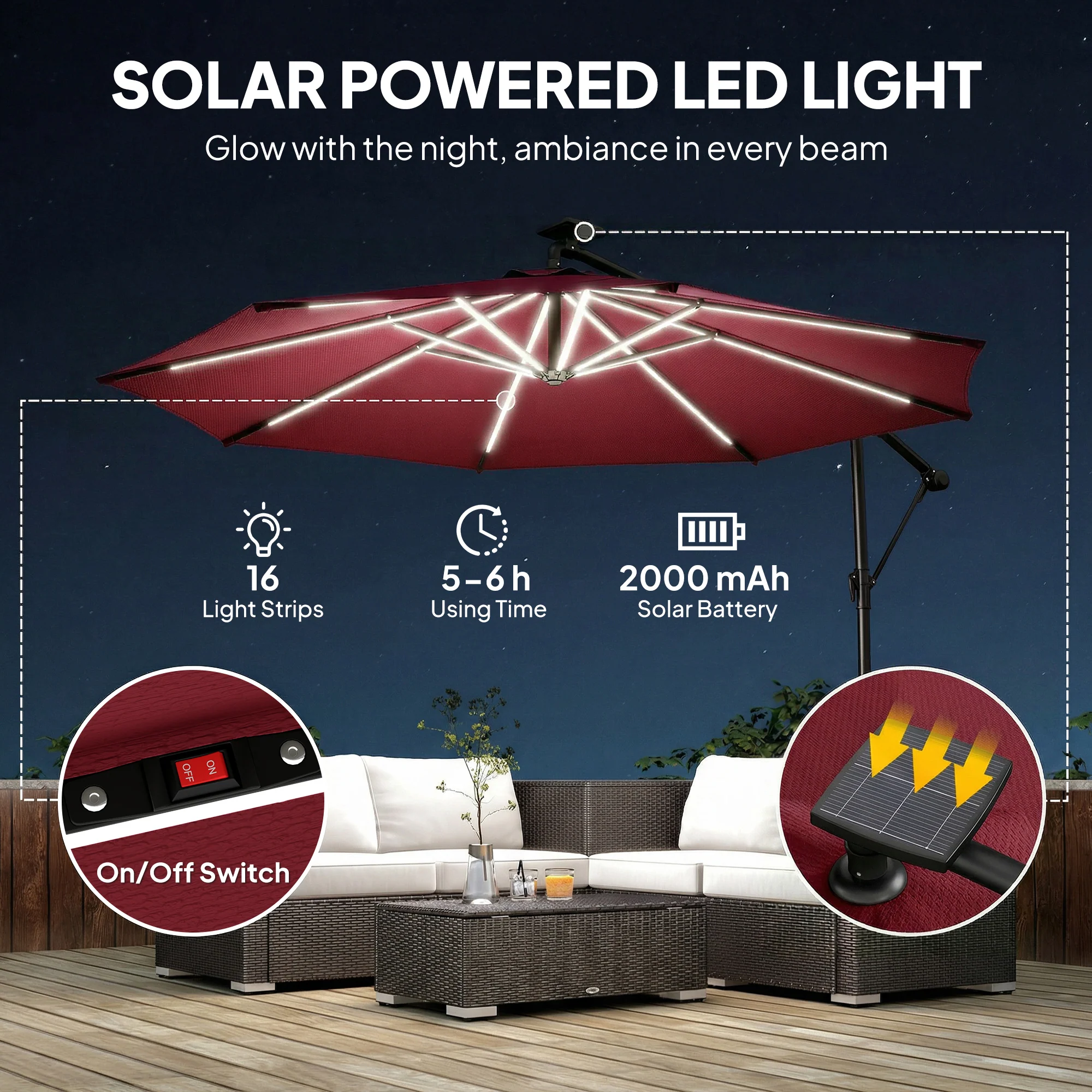 Outsunny 3 M Garden Cantilever Parasol With Solar Light, Rotation, Wine Red - Image 4