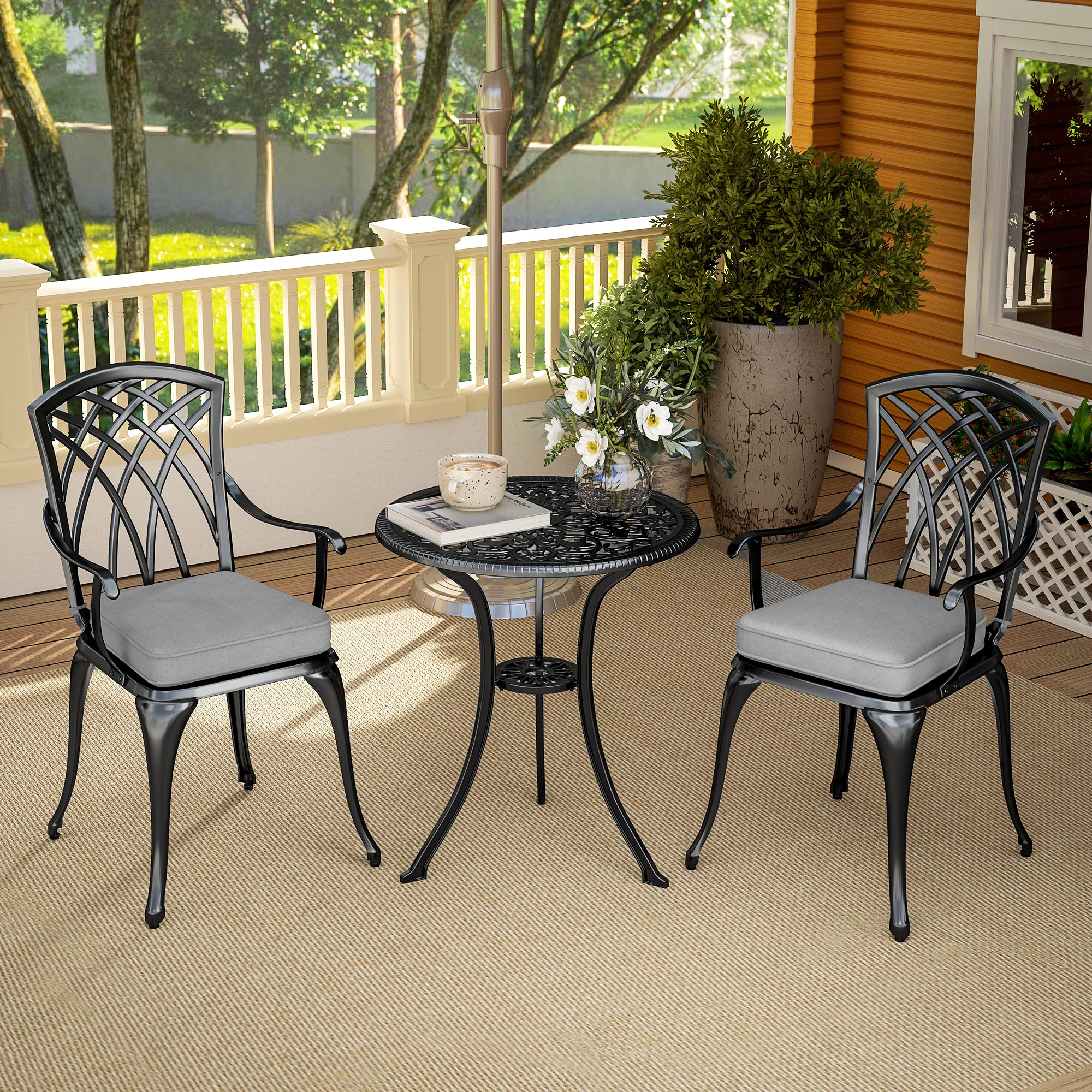 Outsunny 3 PCs Aluminium Garden Coffee Table Set w/ Parasol Hole & Cushions - Image 8