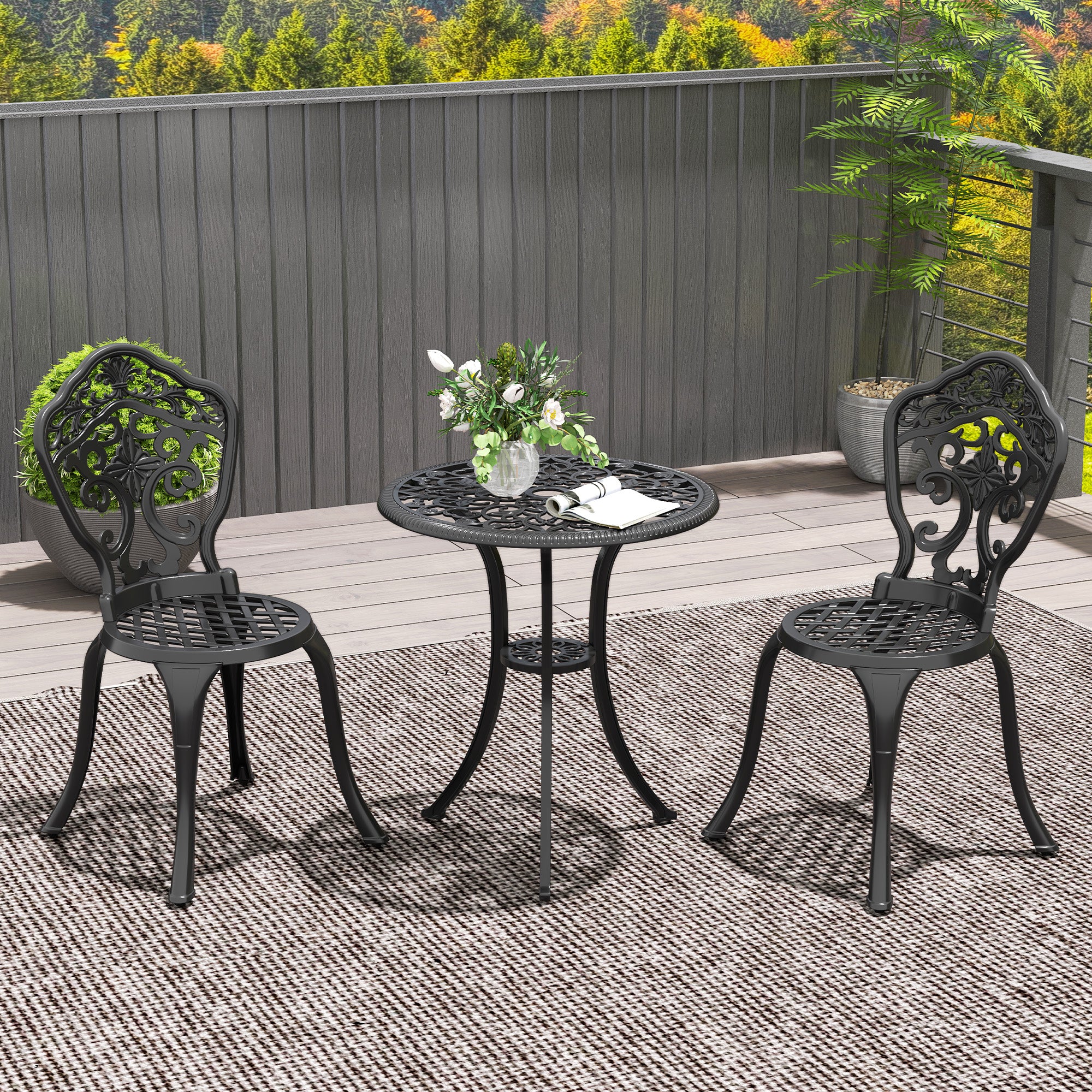 Outsunny 3 PCs Cast Aluminium Bistro Set W/ Parasol Hole For Balcony, Black - Image 2