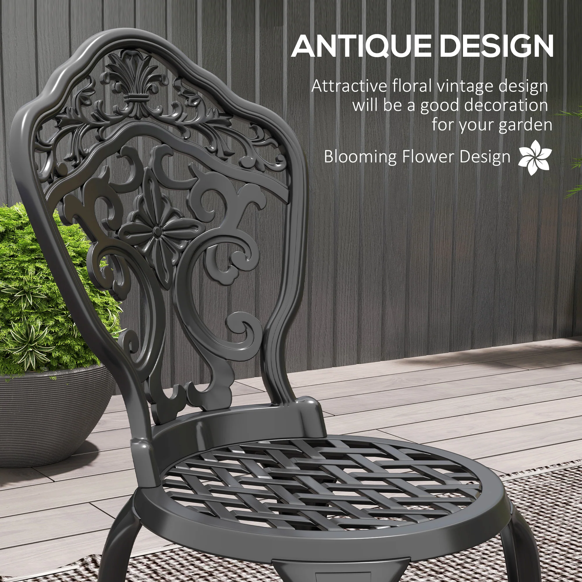 Outsunny 3 PCs Cast Aluminium Bistro Set W/ Parasol Hole For Balcony, Black - Image 3