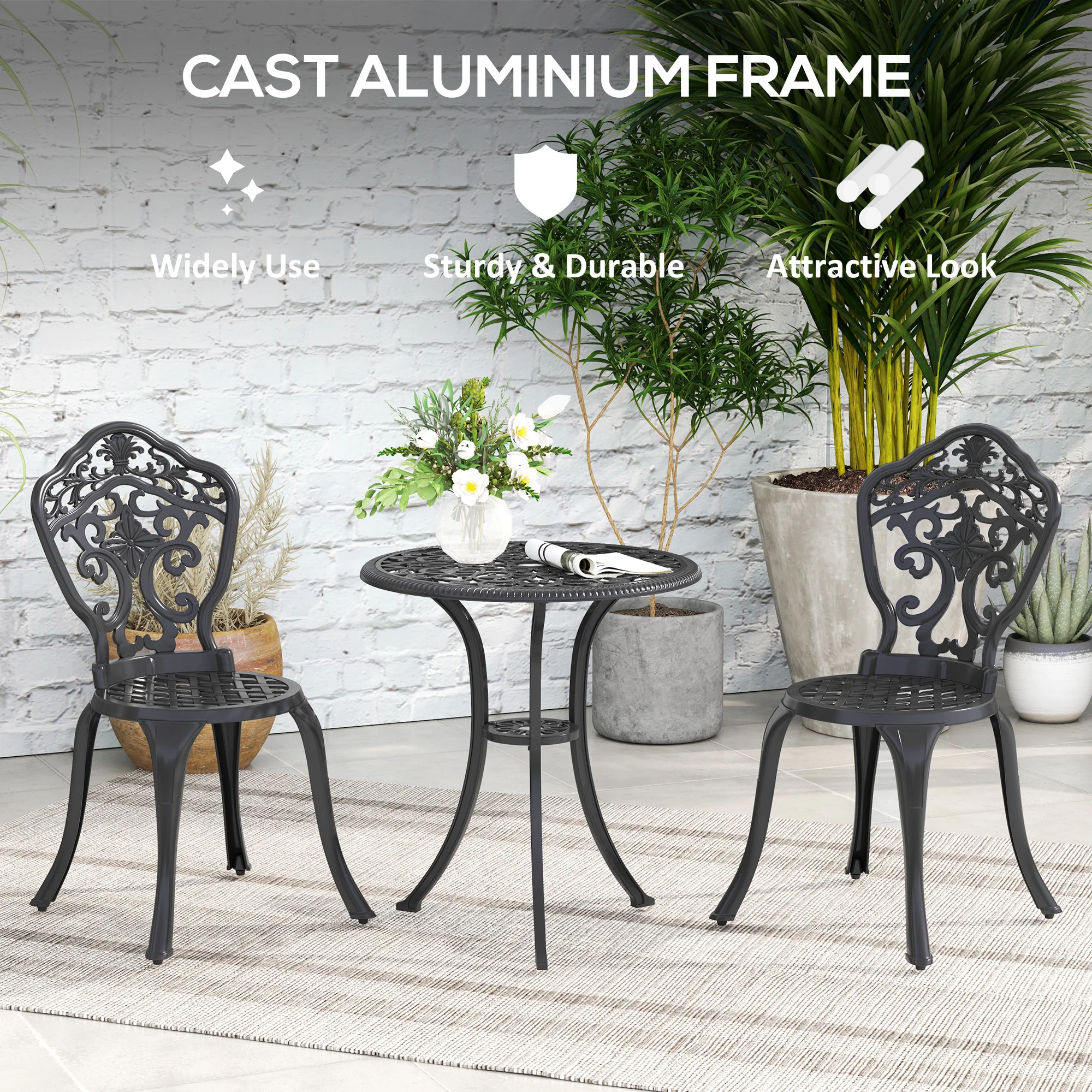 Outsunny 3 PCs Cast Aluminium Bistro Set W/ Parasol Hole For Balcony, Black - Image 4