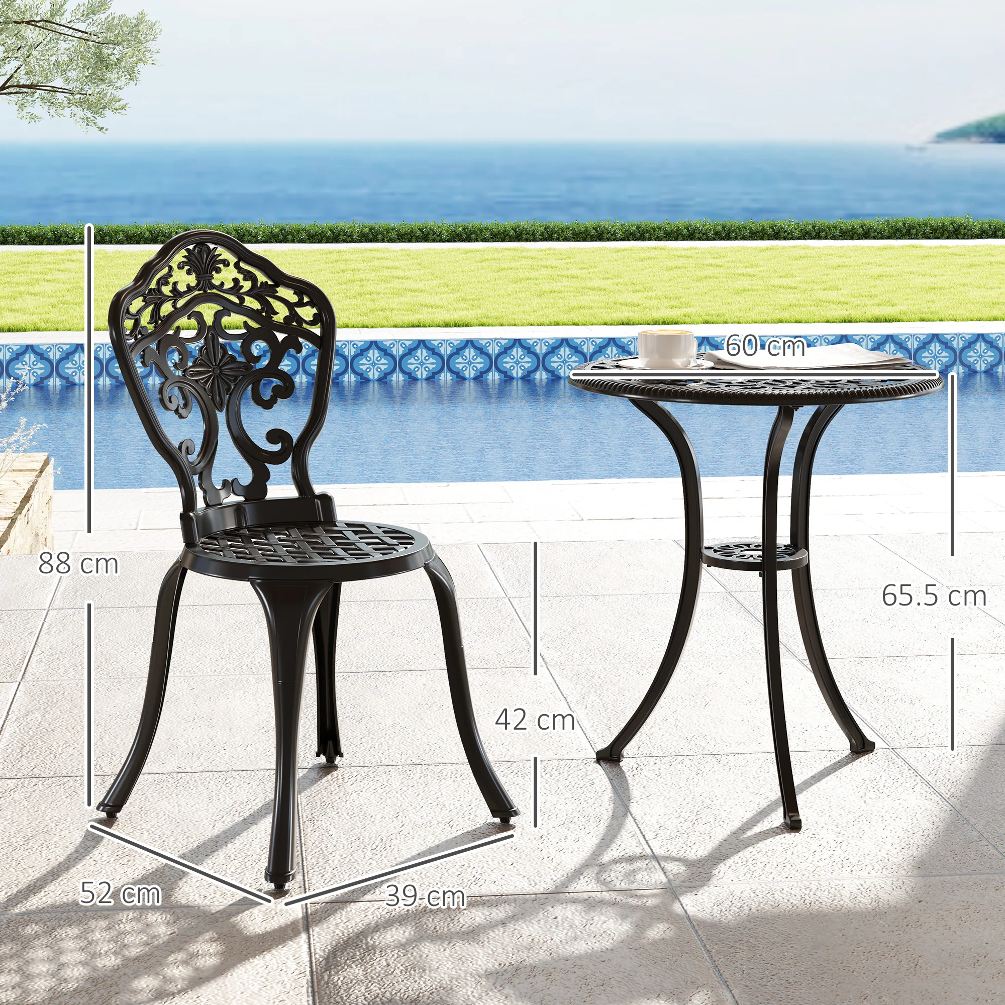 Outsunny 3 PCs Cast Aluminium Bistro Set W/ Parasol Hole For Balcony, Black - Image 5