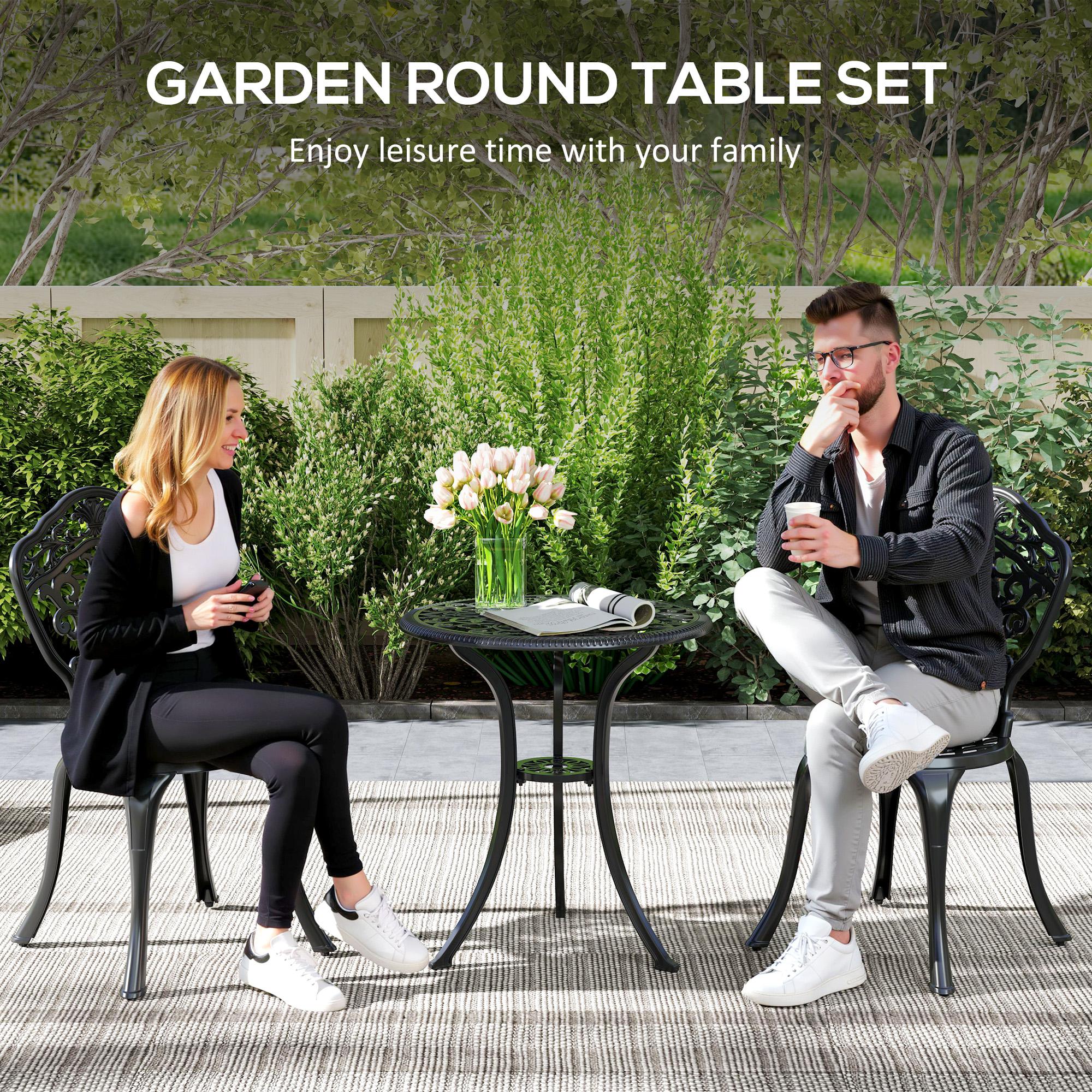 Outsunny 3 PCs Cast Aluminium Bistro Set W/ Parasol Hole For Balcony, Black - Image 6