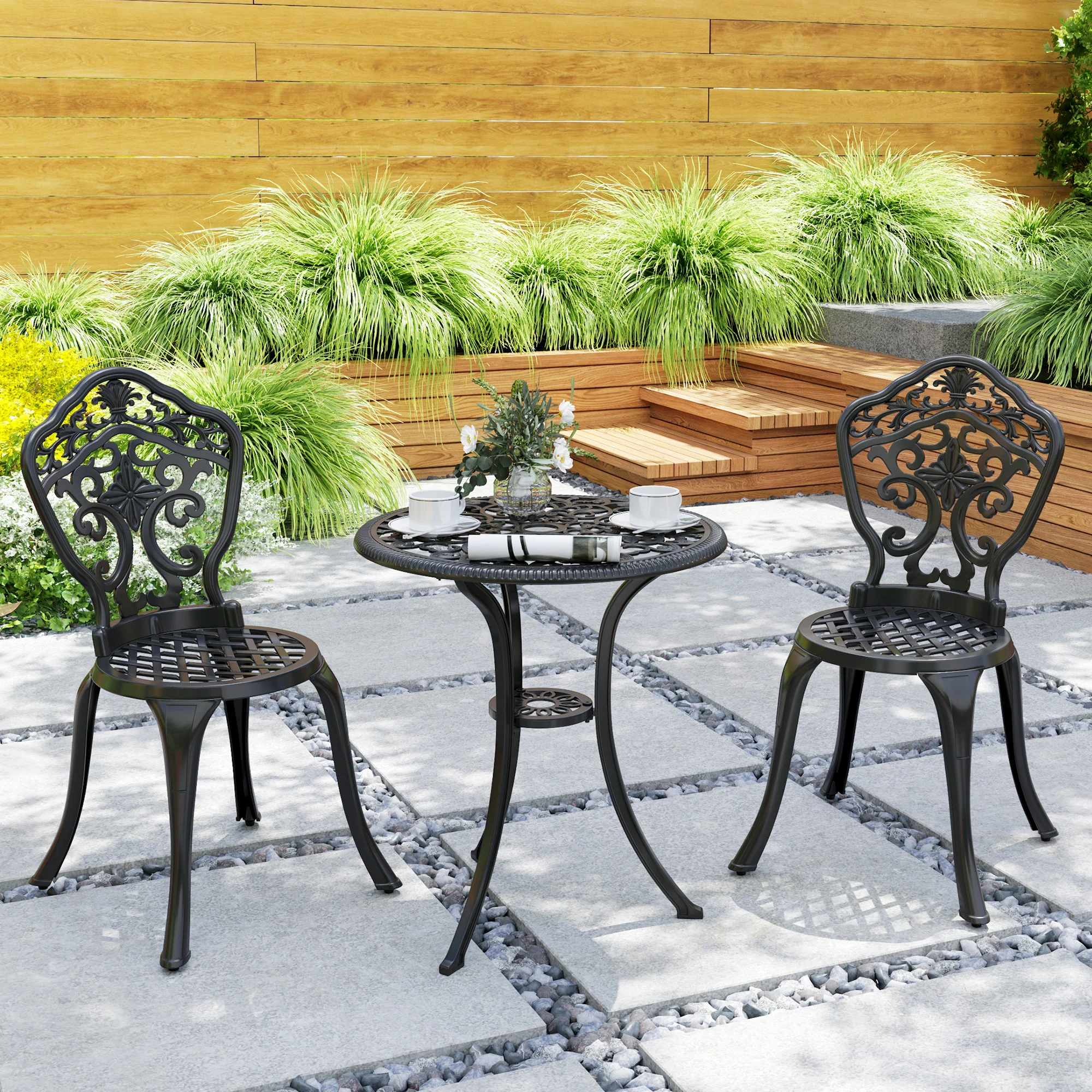 Outsunny 3 PCs Cast Aluminium Bistro Set W/ Parasol Hole For Balcony, Black - Image 7