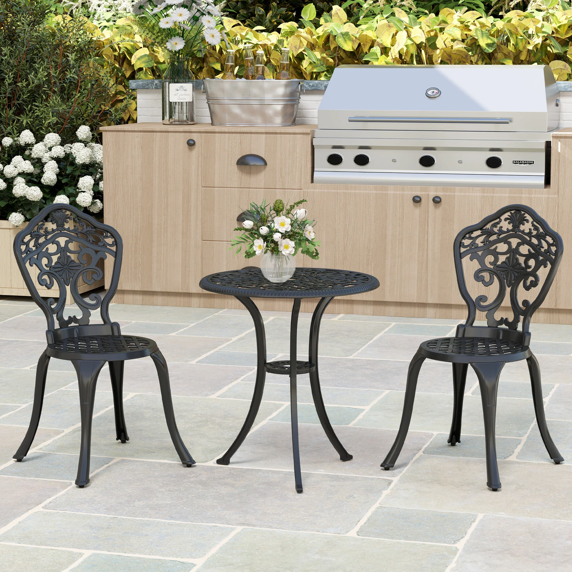 Outsunny 3 PCs Cast Aluminium Bistro Set W/ Parasol Hole For Balcony, Black - Image 8