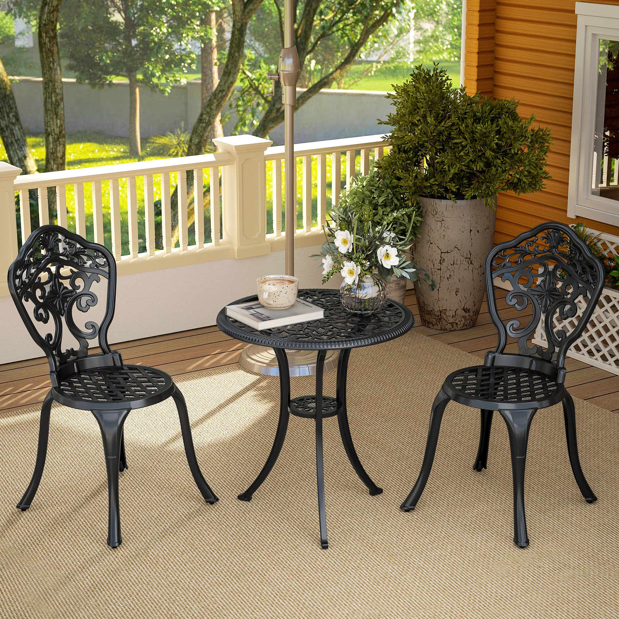 Outsunny 3 PCs Cast Aluminium Bistro Set W/ Parasol Hole For Balcony, Black - Image 9
