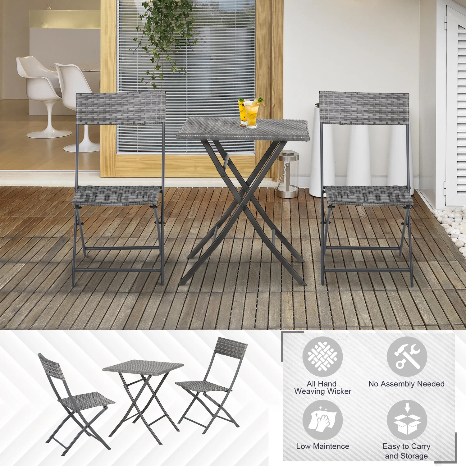 Outsunny 3 PCS PE Rattan Wicker Garden Furniture Patio Bistro Set Folding for 2 Outdoor Table and Chair Set (Grey) - Image 3