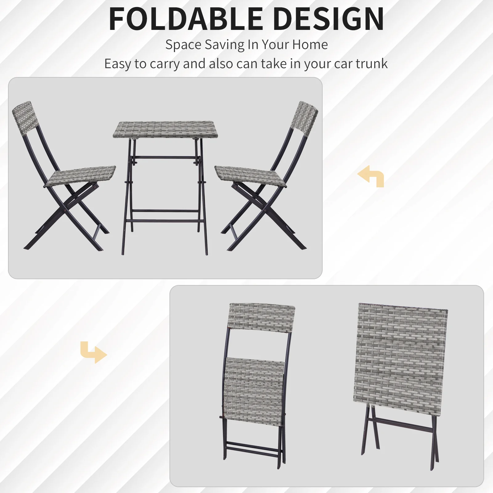 Outsunny 3 PCS PE Rattan Wicker Garden Furniture Patio Bistro Set Folding for 2 Outdoor Table and Chair Set (Grey) - Image 4