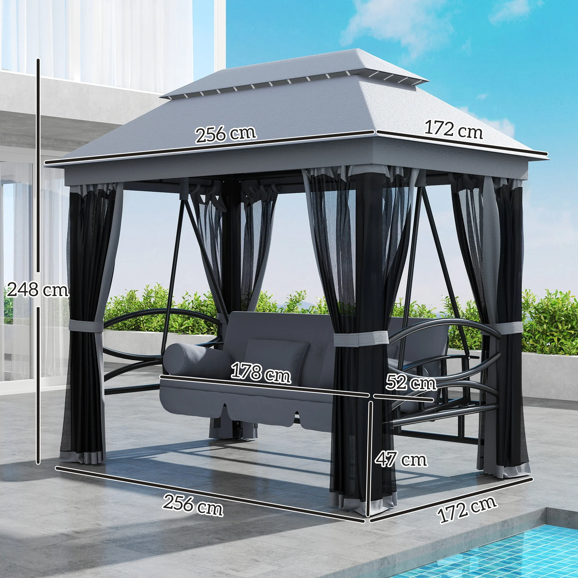 Outsunny 3 Person Canopy Gazebo Swing Outdoor Patio Lounge W/ Mesh Walls, Grey - Image 3