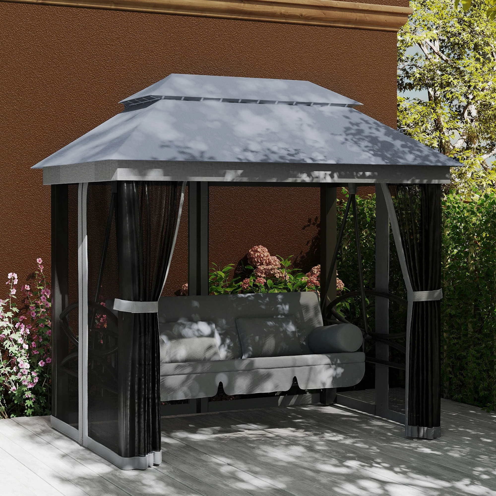 Outsunny 3 Person Canopy Gazebo Swing Outdoor Patio Lounge W/ Mesh Walls, Grey - Image 9