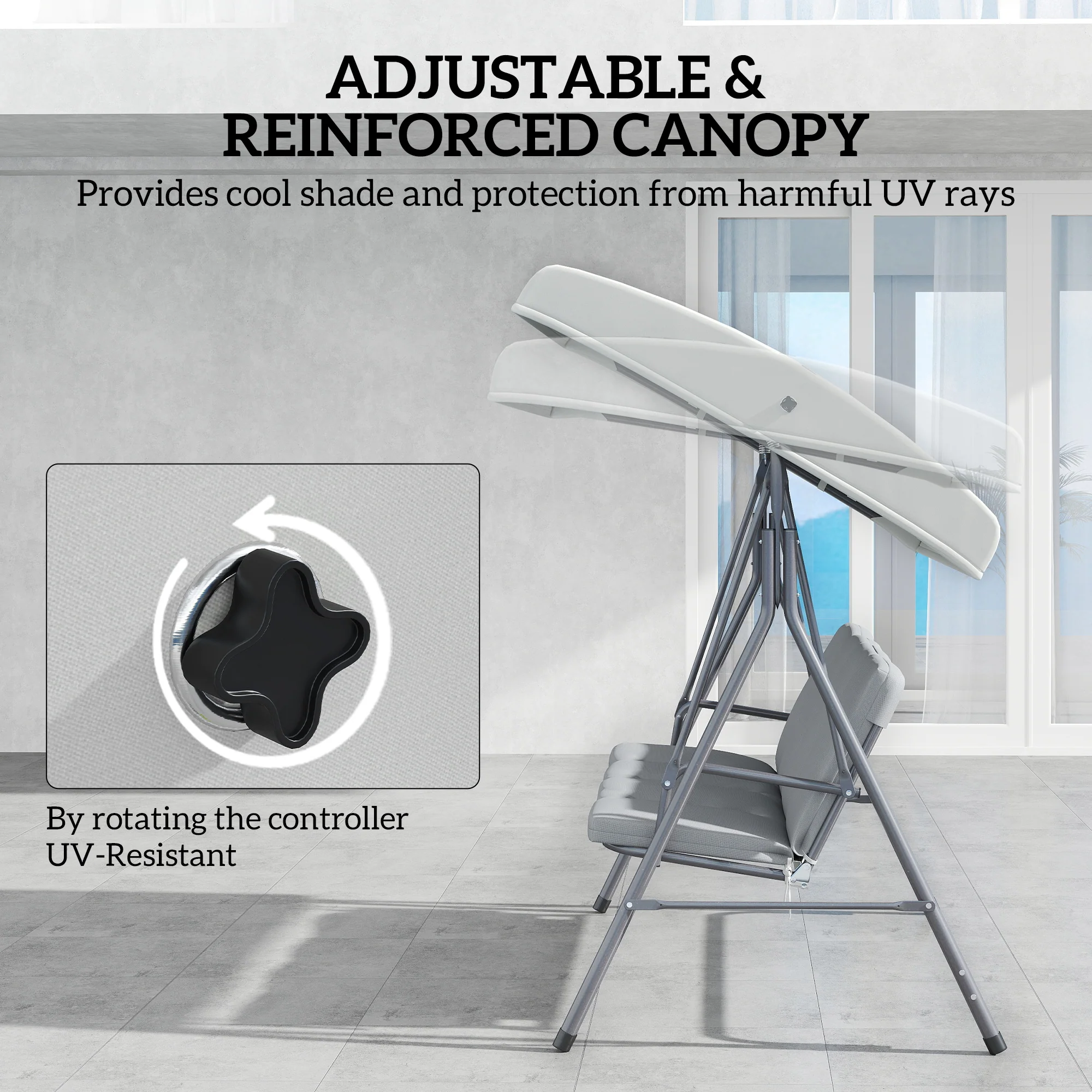 Outsunny 3 Person Porch Swing Chair Outdoor Lounge Bench Canopy Light Grey - Image 3