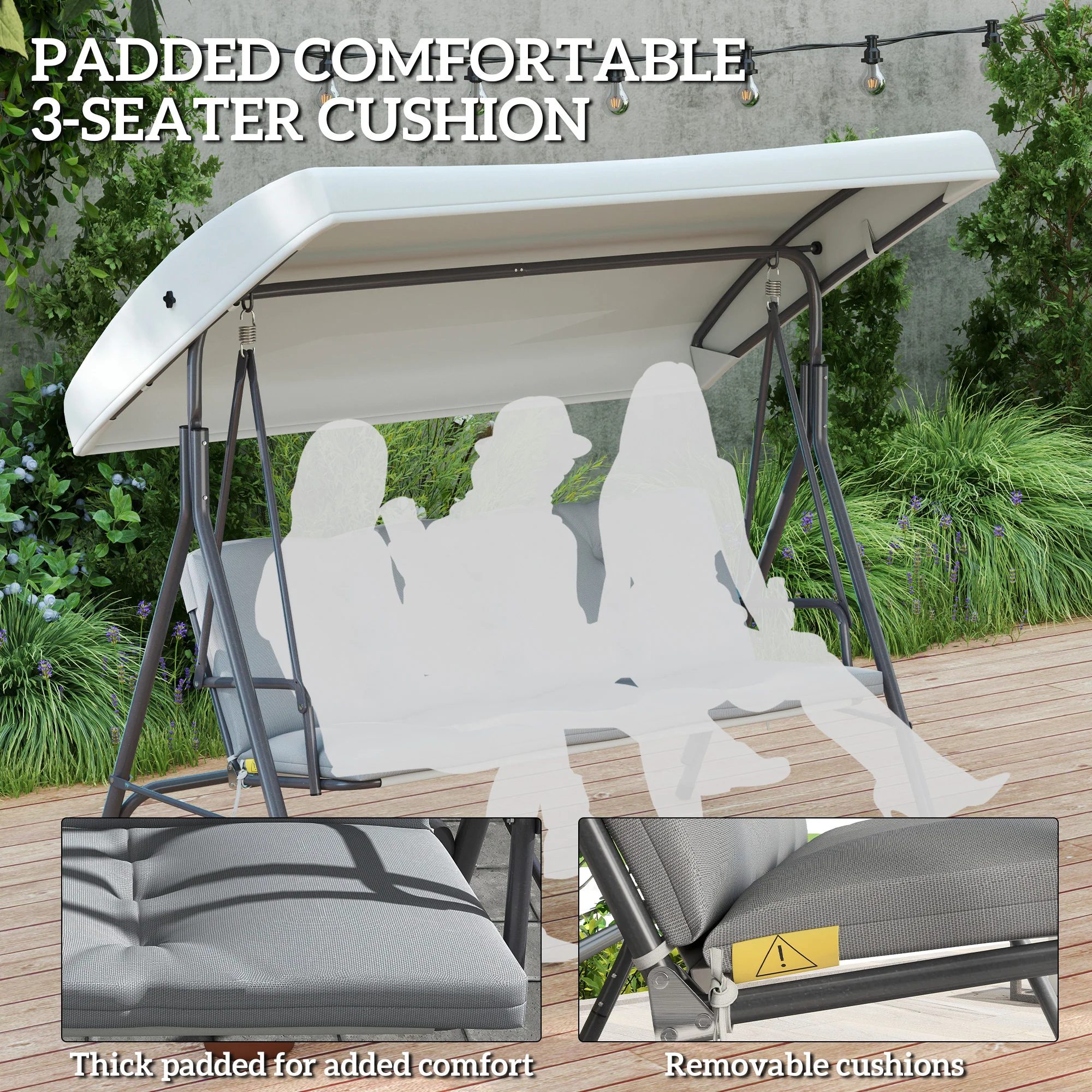 Outsunny 3 Person Porch Swing Chair Outdoor Lounge Bench Canopy Light Grey - Image 4