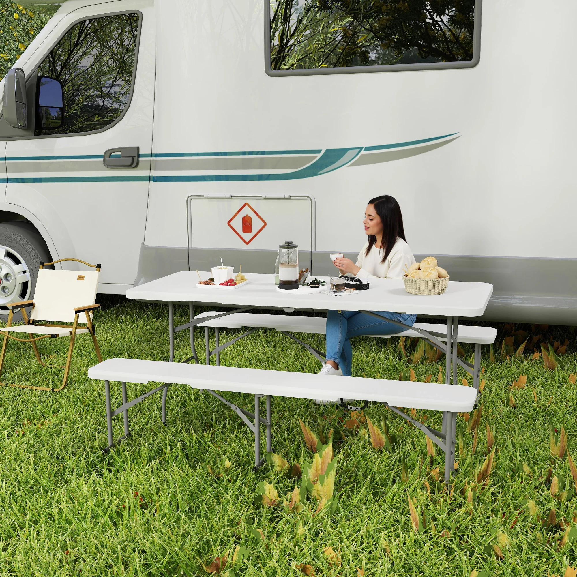 Outsunny 3 Piece Folding Picnic Table and Bench Set with Handles, White - Image 2