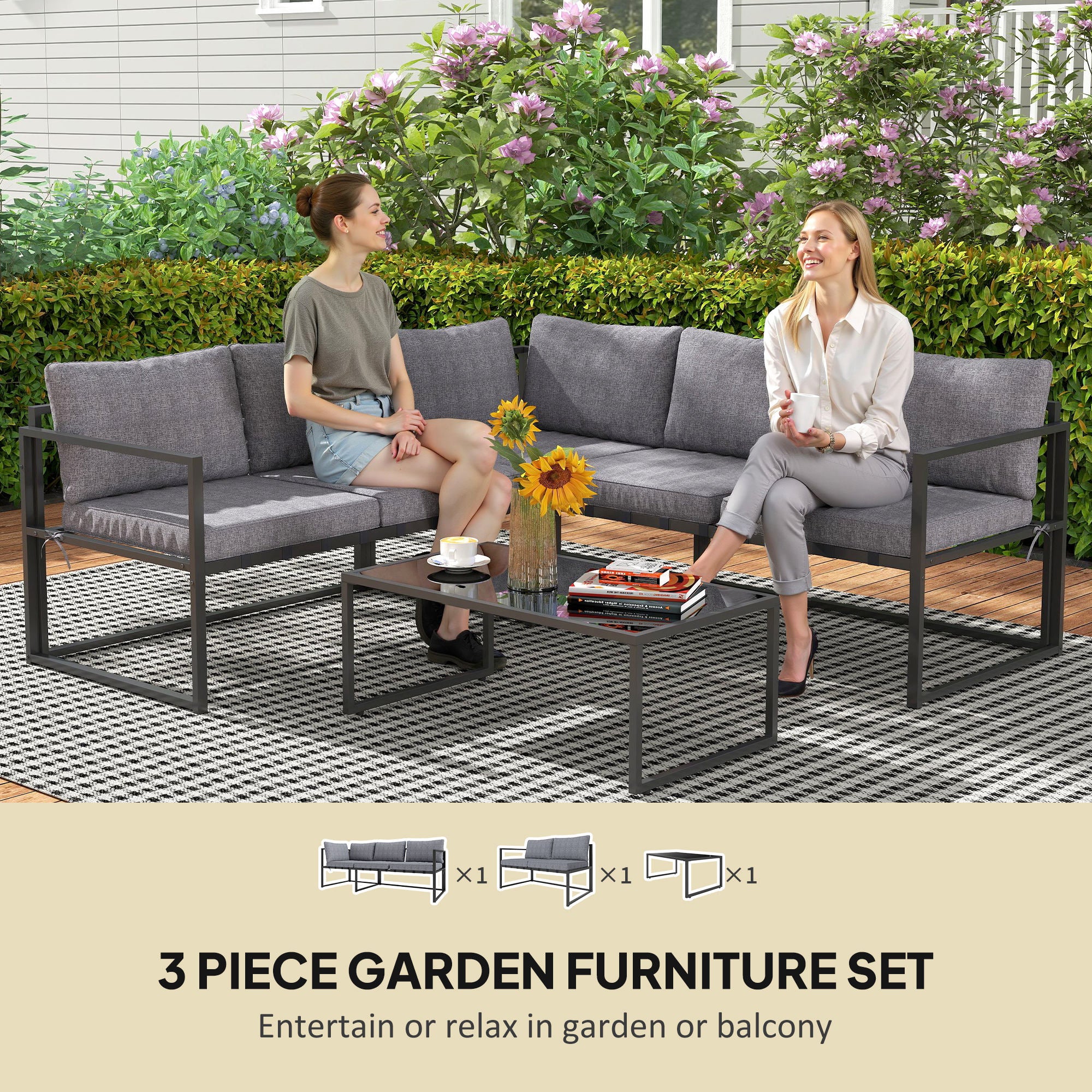 Outsunny 3 Piece L Shaped Garden Furniture Set with Cushions, Grey - Image 3