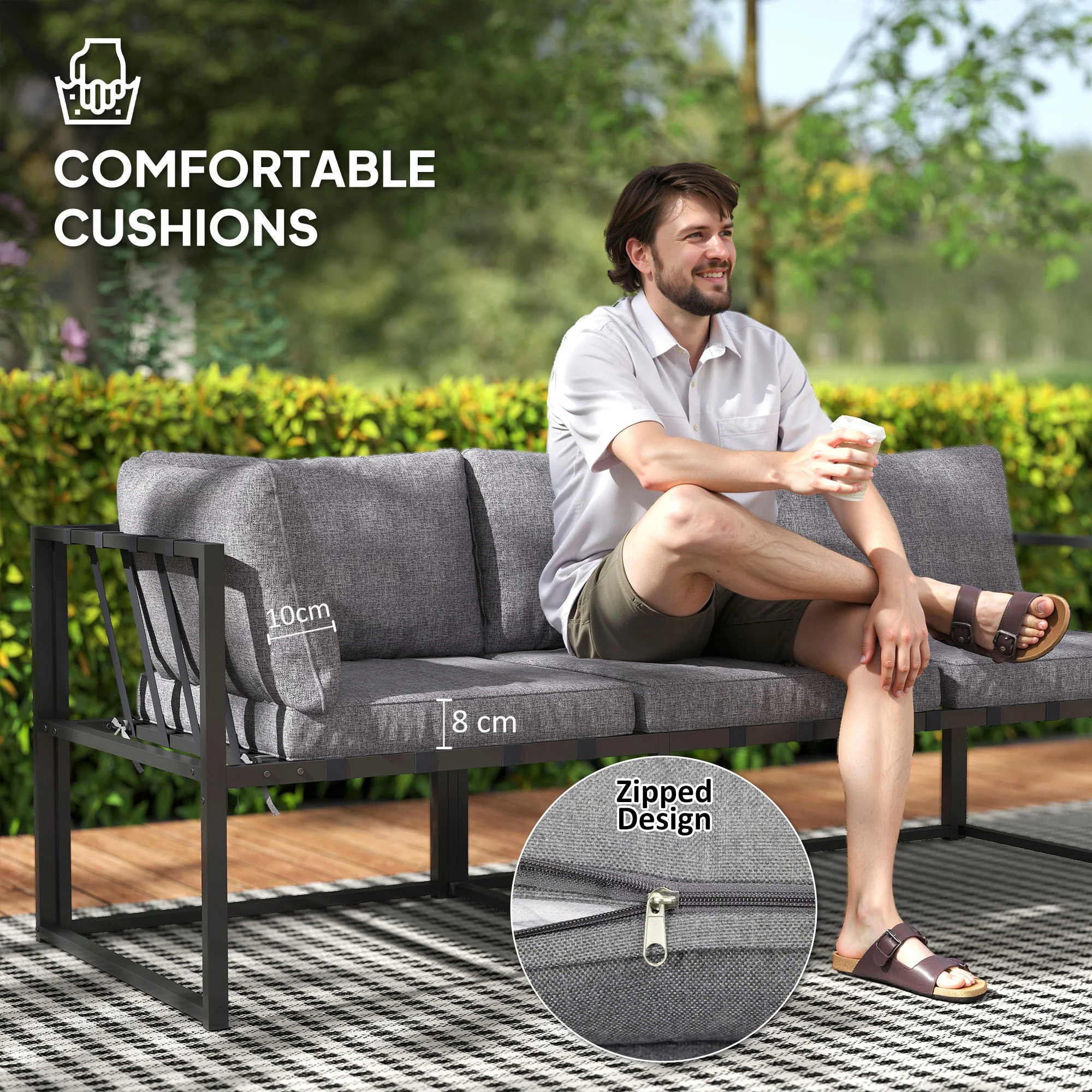 Outsunny 3 Piece L Shaped Garden Furniture Set with Cushions, Grey - Image 4