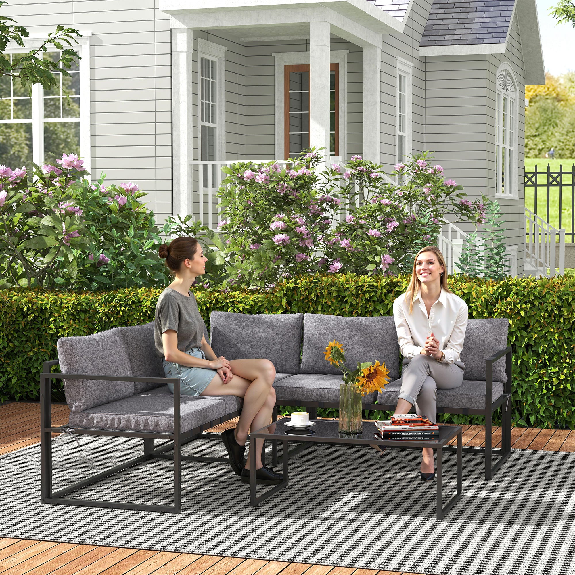 Outsunny 3 Piece L Shaped Garden Furniture Set with Cushions, Grey - Image 7
