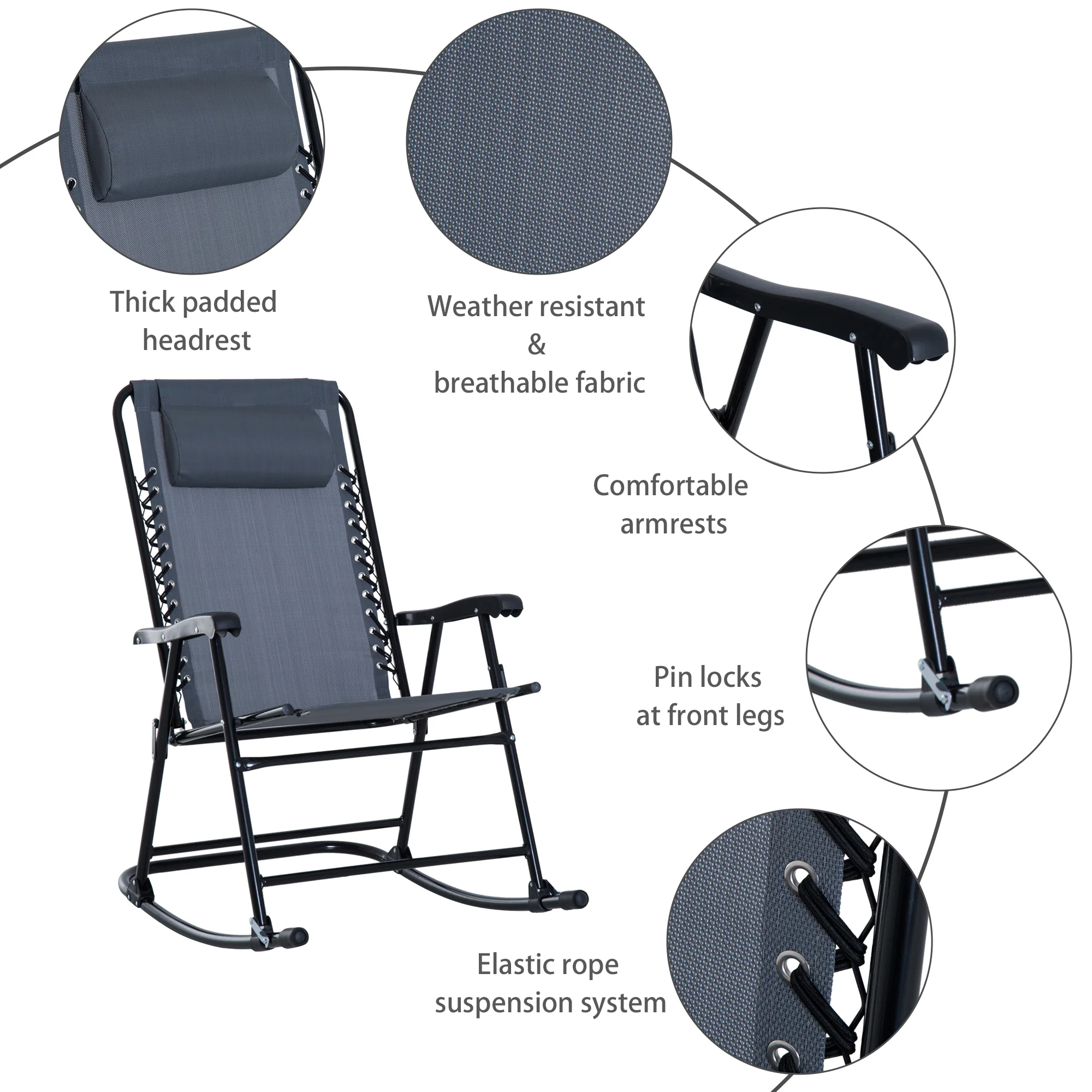Outsunny 3 Piece Outdoor Rocking Bistro Set, Patio Furniture Set with 2 Folding Chairs and 1 Tempered Glass Table, Grey - Image 4