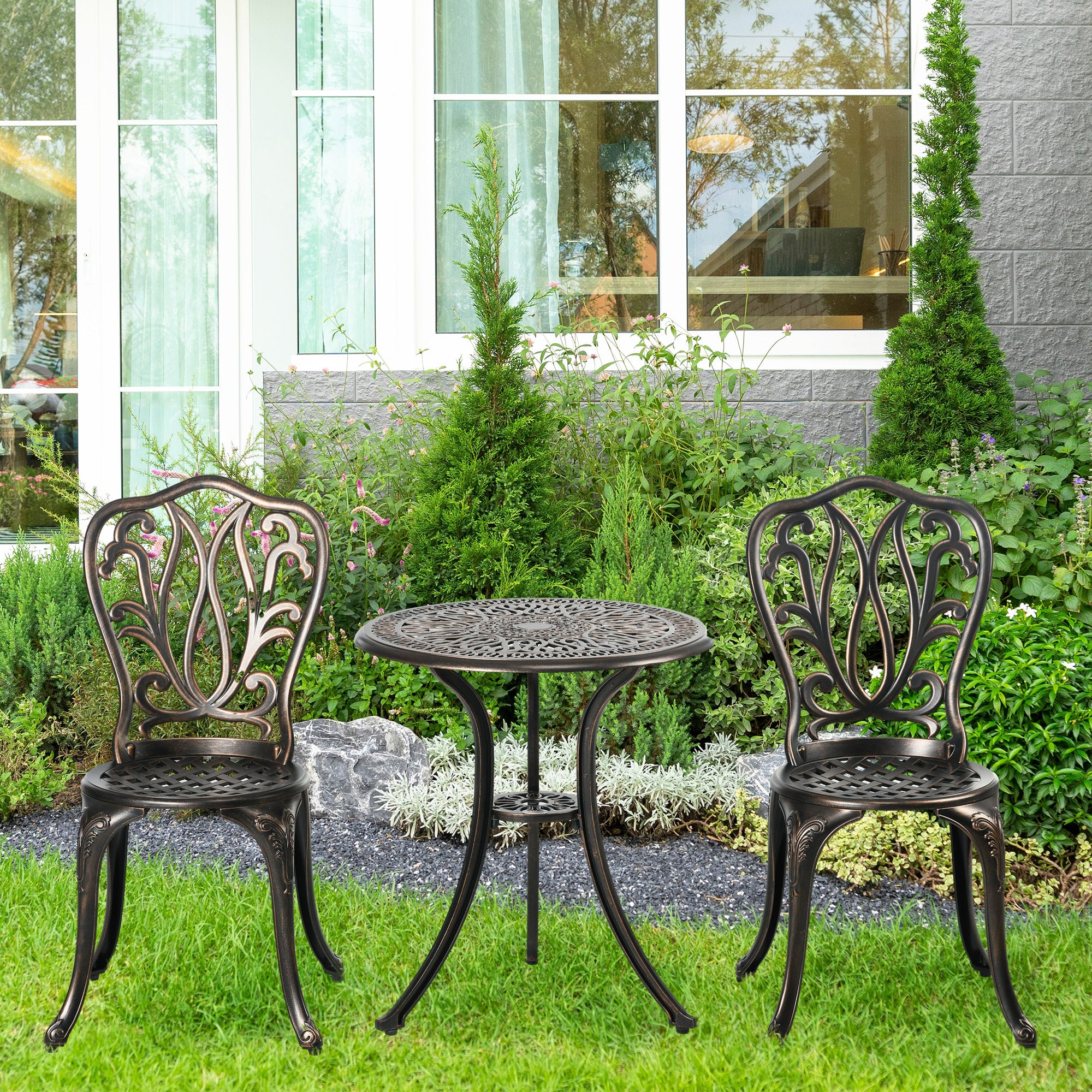 Outsunny 3 Piece Patio Bistro Set Outdoor Table Set With Umbrella Hole White - Image 11