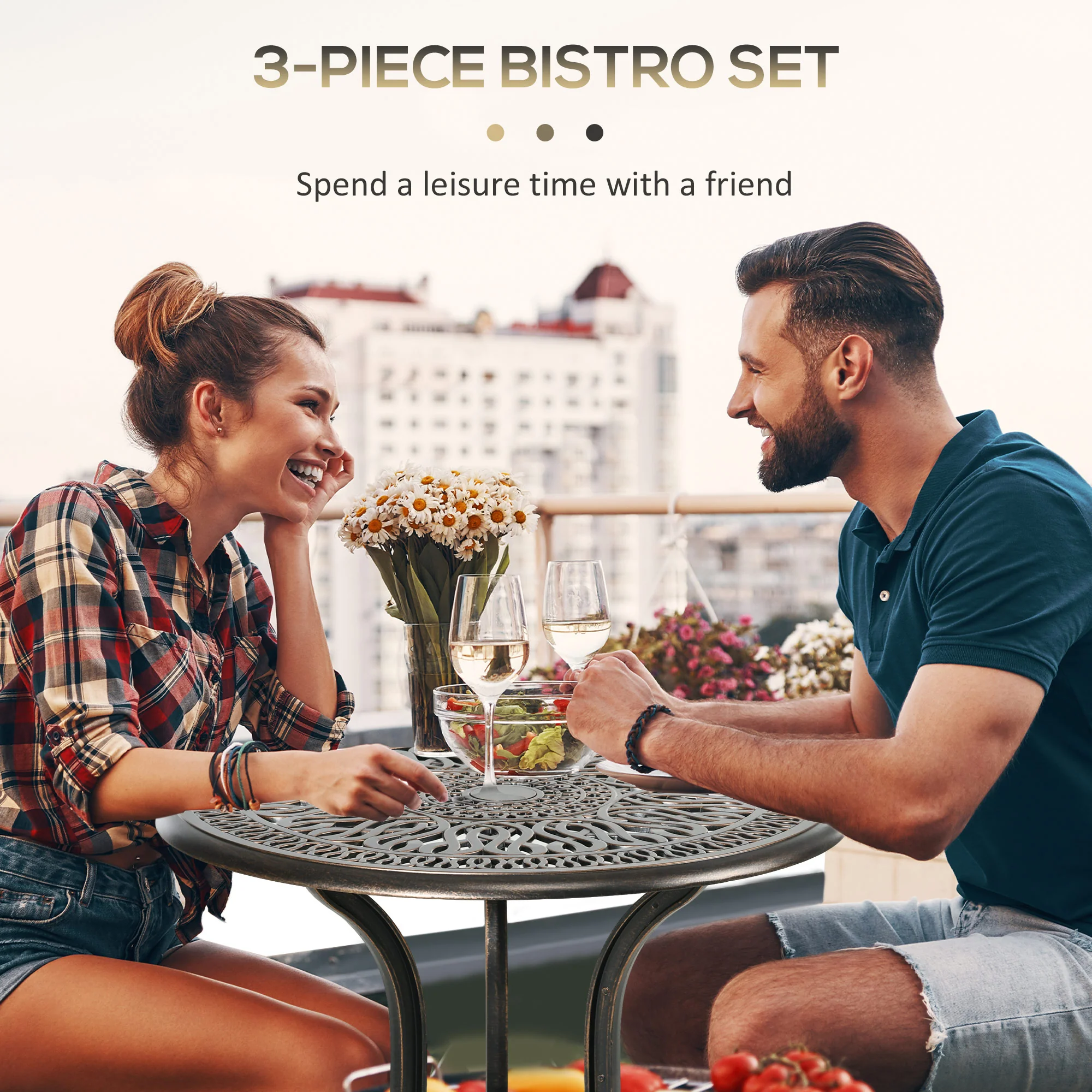 Outsunny 3 Piece Patio Bistro Set Outdoor Table Set With Umbrella Hole White - Image 12