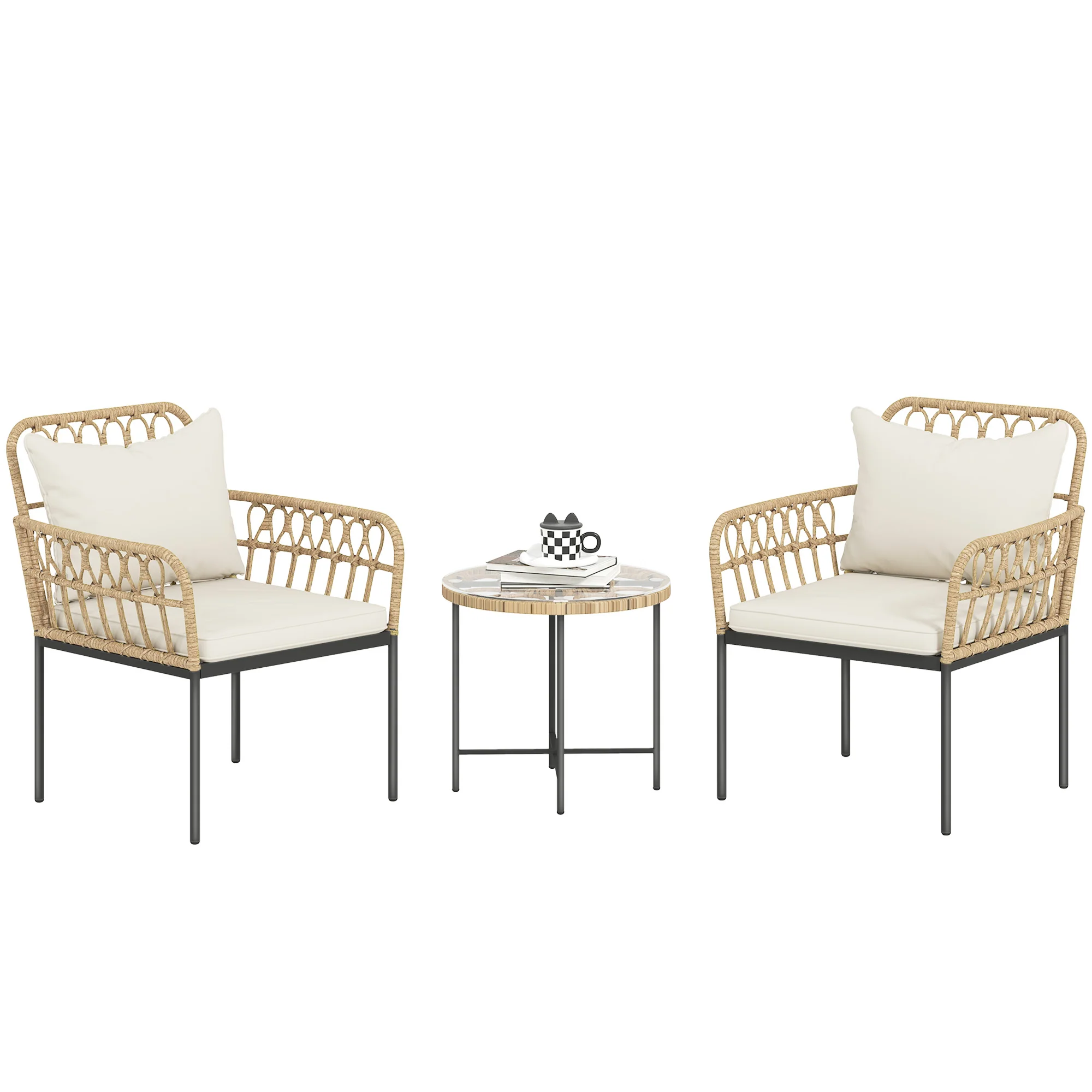 Outsunny 3 Piece Rattan Bistro Set, Balcony Table And Chairs With Cushions