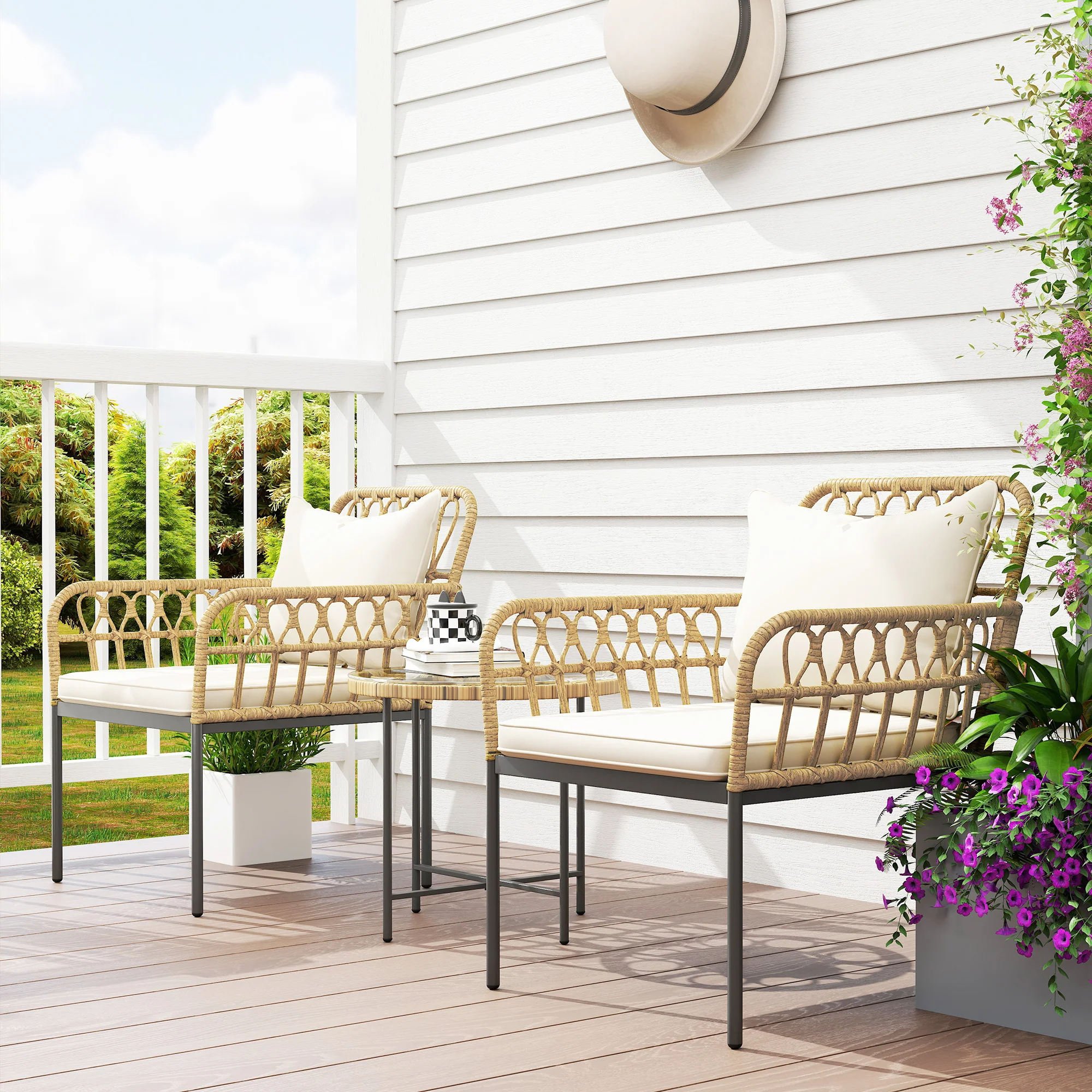 Outsunny 3 Piece Rattan Bistro Set, Balcony Table And Chairs With Cushions - Image 7