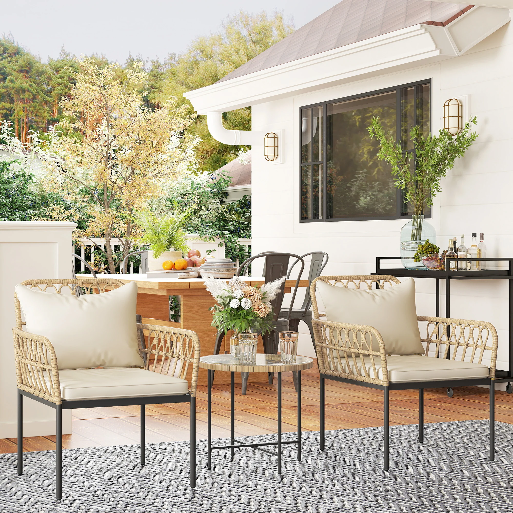 Outsunny 3 Piece Rattan Bistro Set, Balcony Table And Chairs With Cushions - Image 9