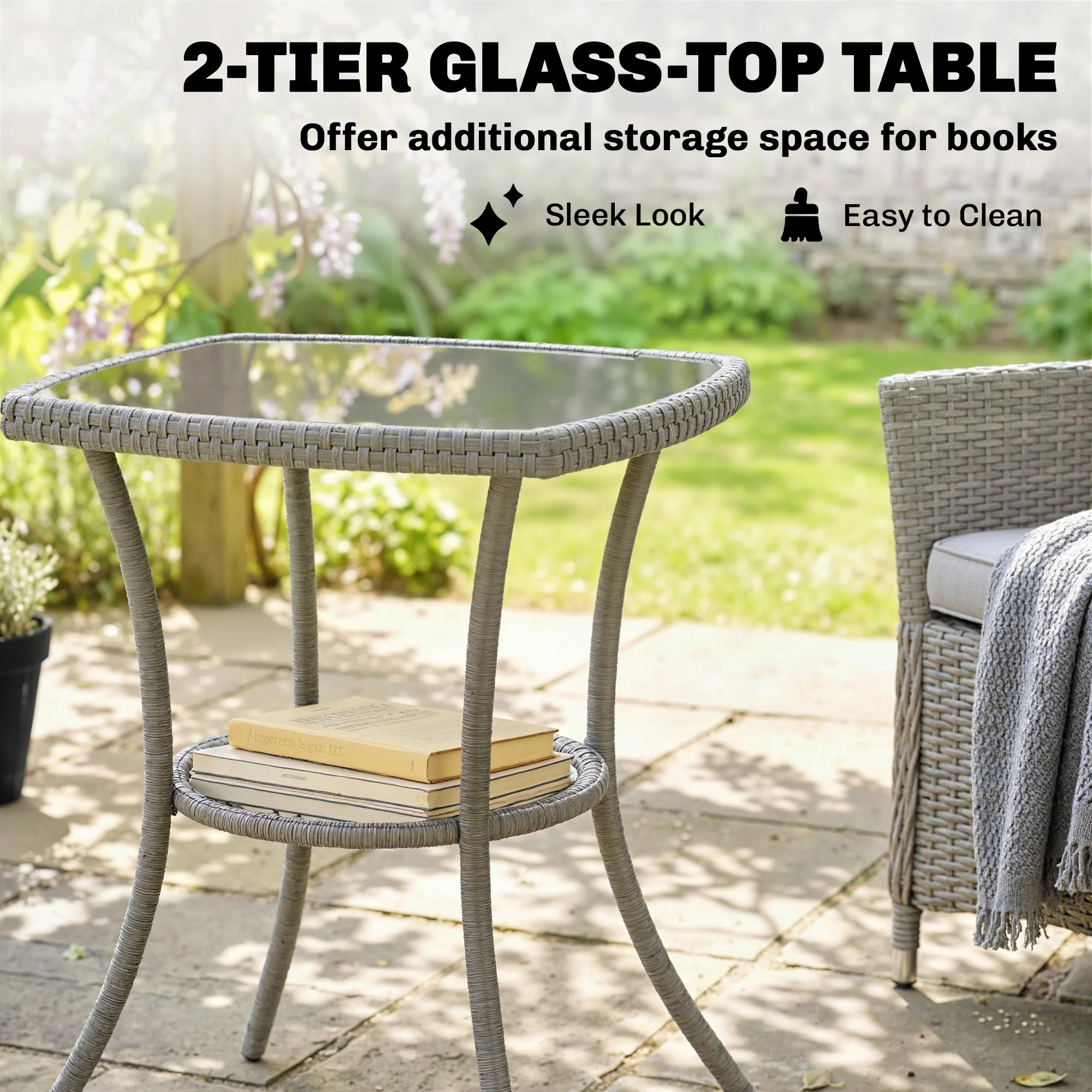 Outsunny 3 Piece Rattan Bistro Set with 2 Tier Glass-Top Table, Chairs - Image 6