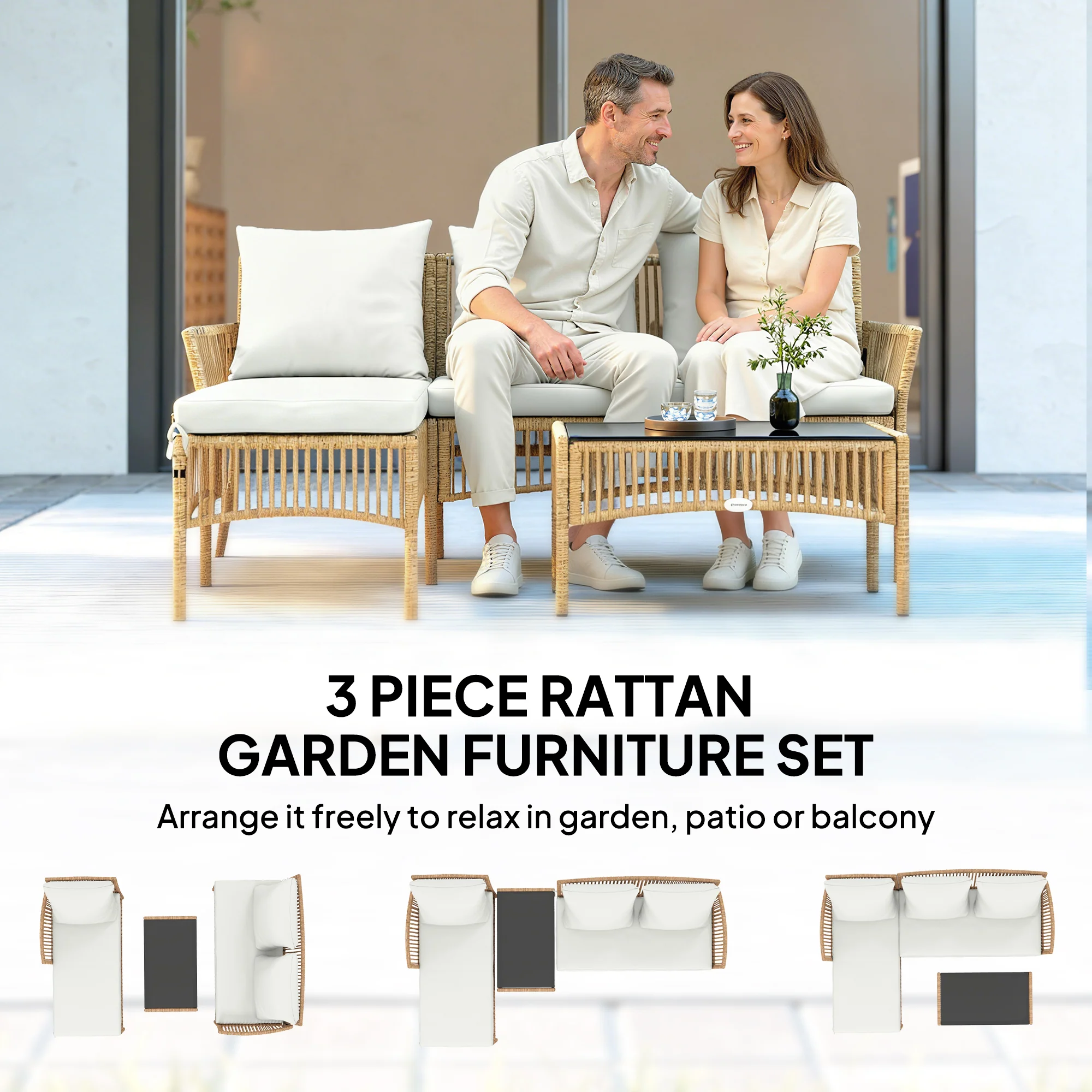 Outsunny 3 Piece Rattan Garden Furniture Set With Cushions, Natural Wood - Image 4