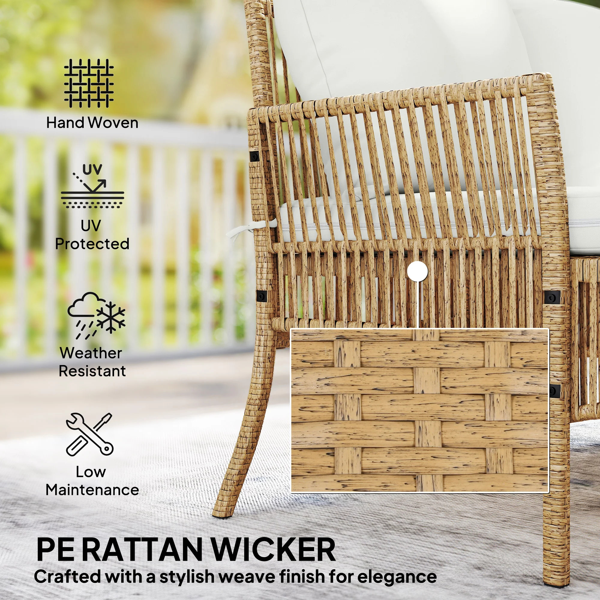 Outsunny 3 Piece Rattan Garden Furniture Set With Cushions, Natural Wood - Image 5