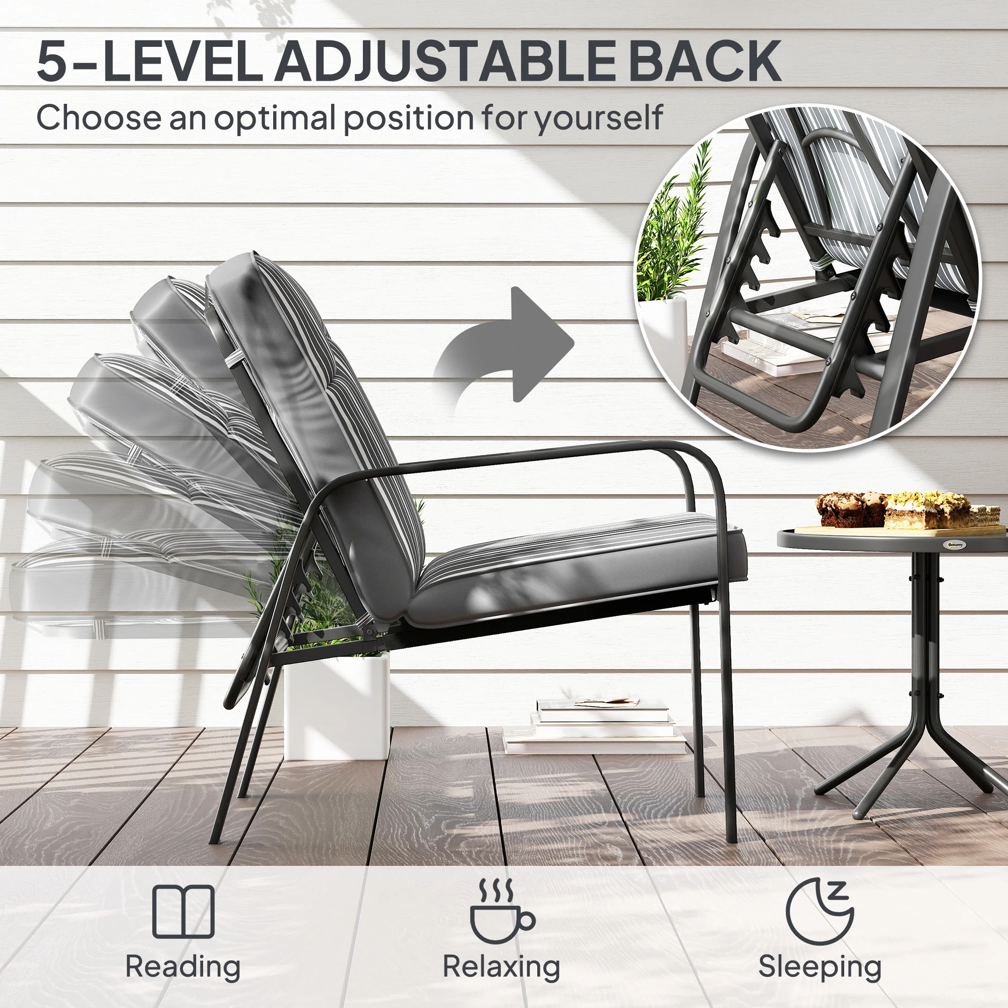Outsunny 3-Piece Recliner Garden Chairs And Tempered Glass Table Set - Image 12