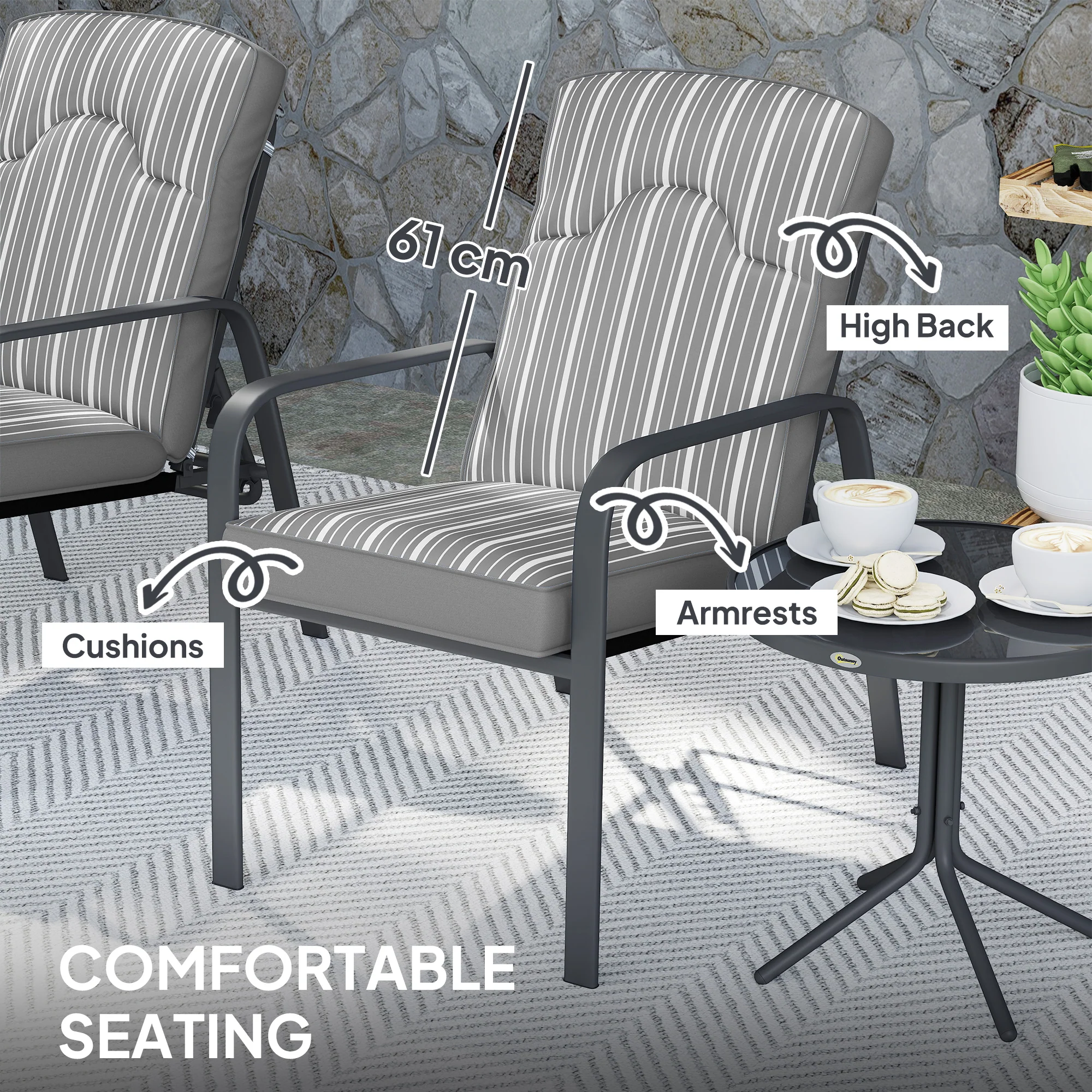 Outsunny 3-Piece Recliner Garden Chairs And Tempered Glass Table Set - Image 15