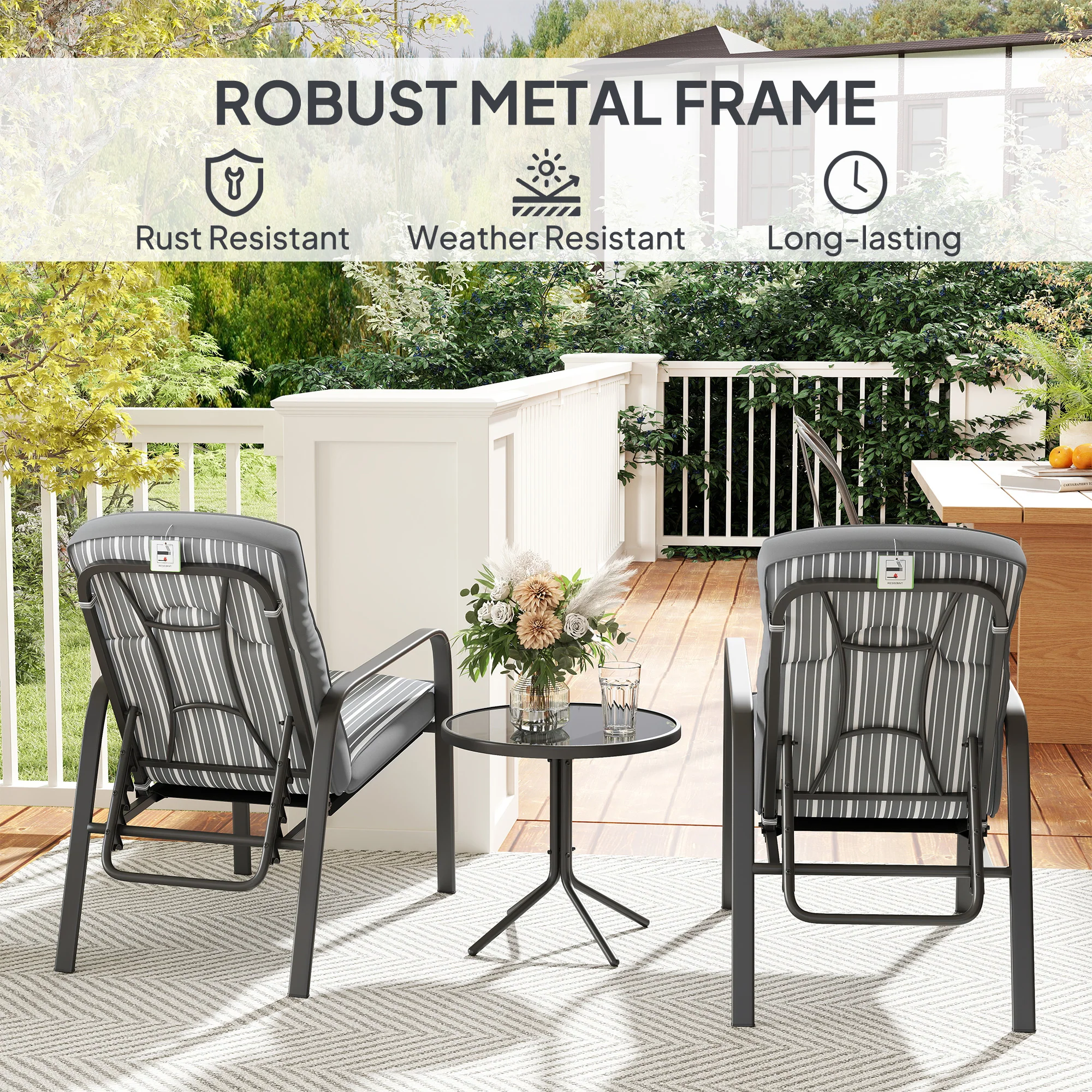 Outsunny 3-Piece Recliner Garden Chairs And Tempered Glass Table Set - Image 16