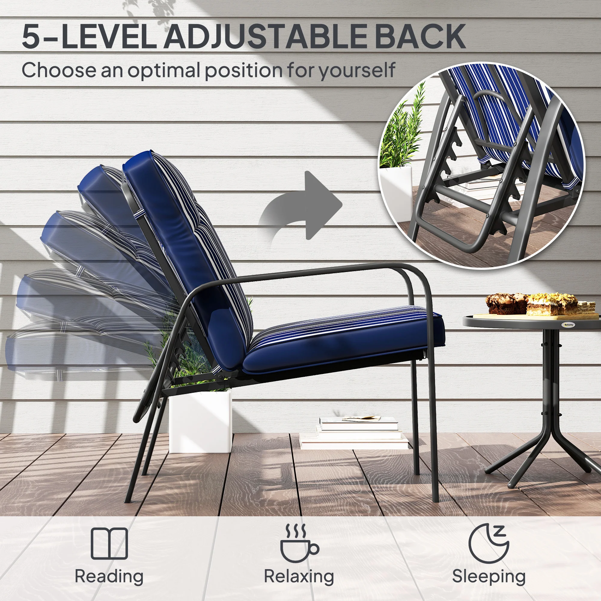 Outsunny 3-Piece Recliner Garden Chairs And Tempered Glass Table Set - Image 3