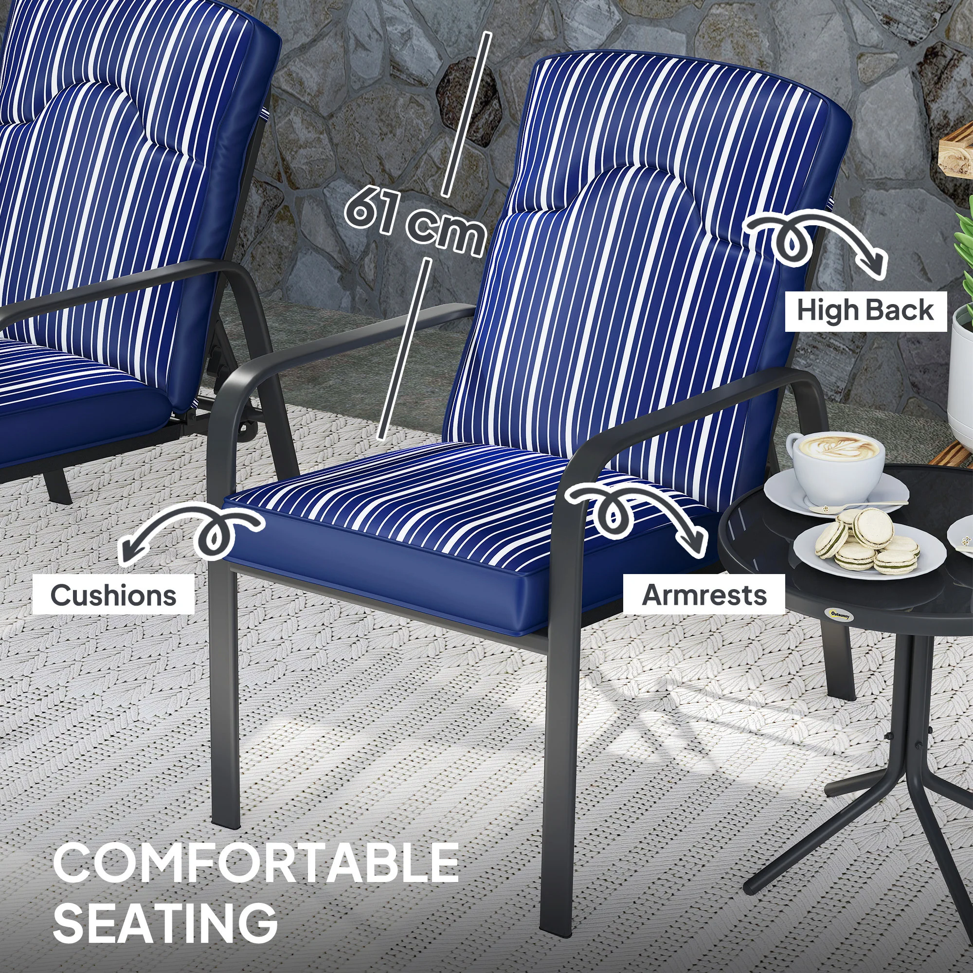 Outsunny 3-Piece Recliner Garden Chairs And Tempered Glass Table Set - Image 6