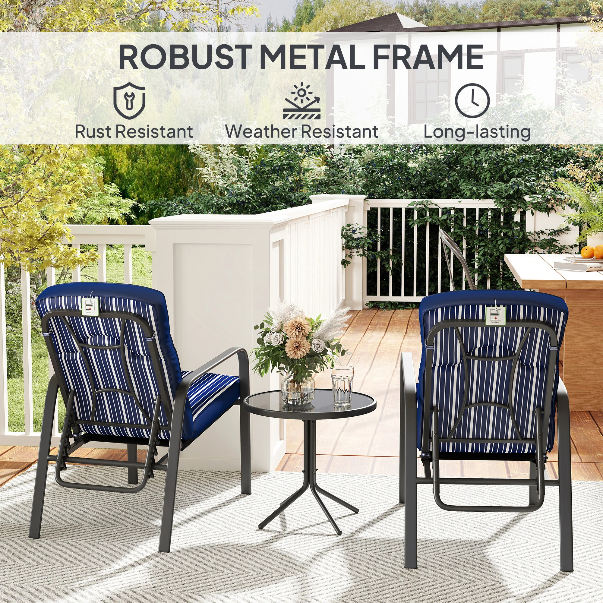 Outsunny 3-Piece Recliner Garden Chairs And Tempered Glass Table Set - Image 7