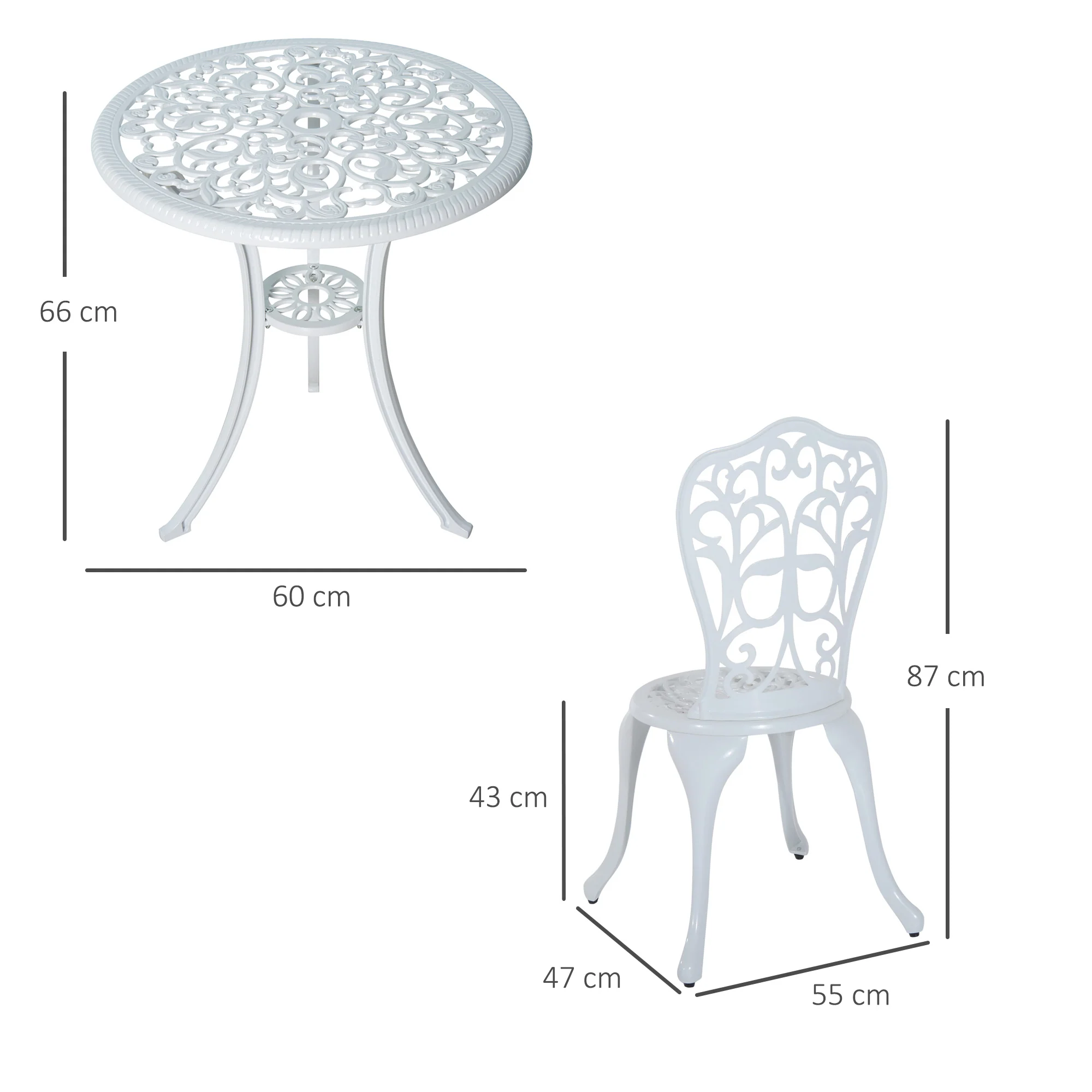 Outsunny 3 Pieces Antique Garden Bistro Set For 2 With Umbrella Hole, White - Image 5