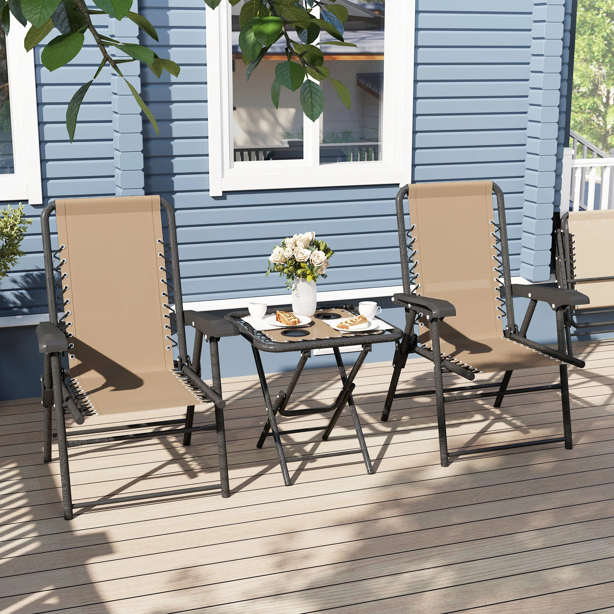 Outsunny 3 Pieces Folding Garden Bistro Set with Cup Holders, Khaki - Image 17