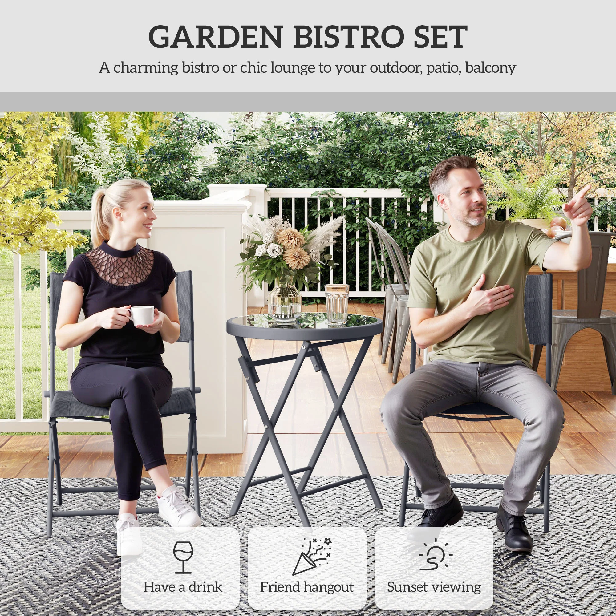 Outsunny 3 Pieces Outdoor Bistro Set, Glass Top Table And Chairs, Grey - Image 3