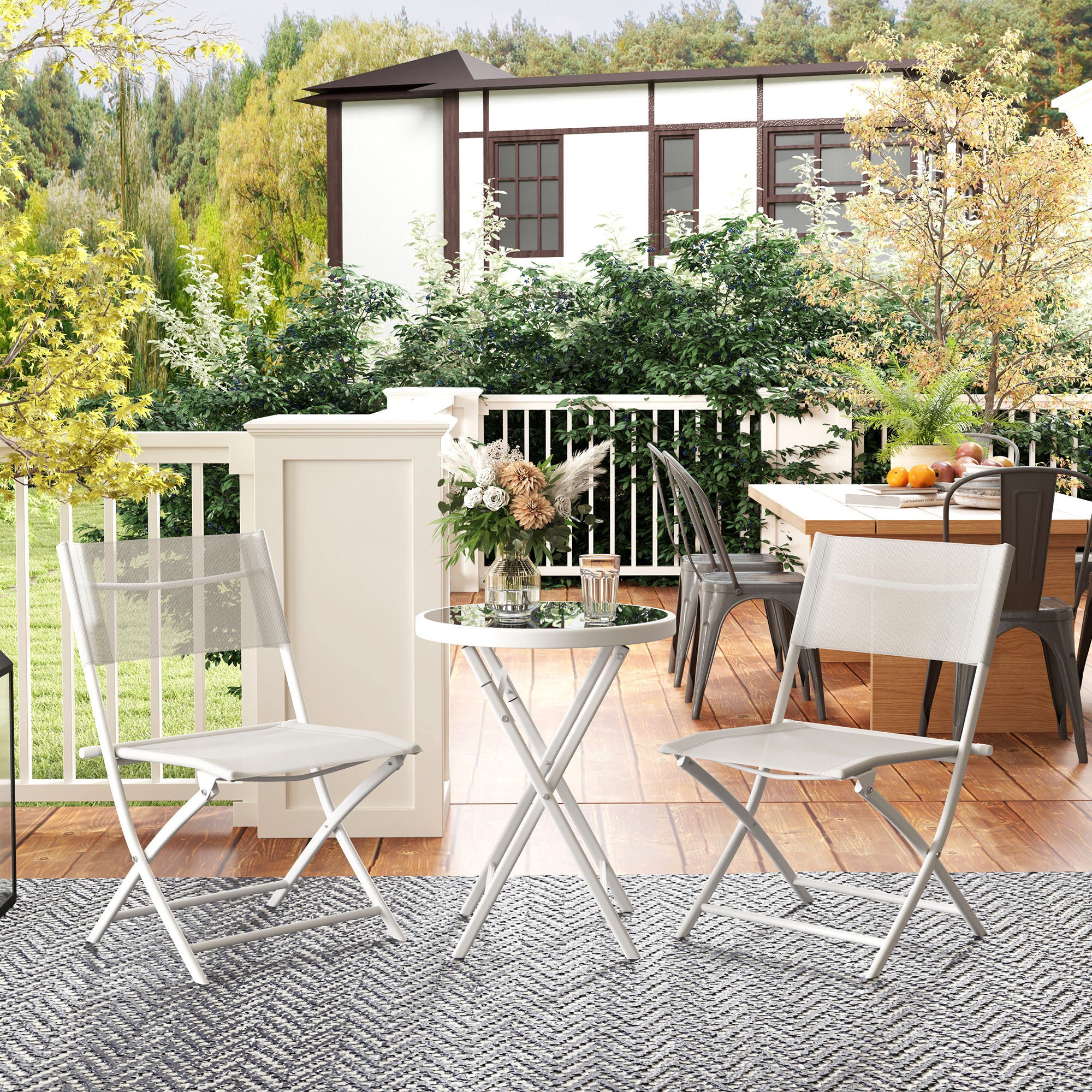 Outsunny 3 Pieces Outdoor Bistro Set, Glass Top Table and Chairs, White - Image 2