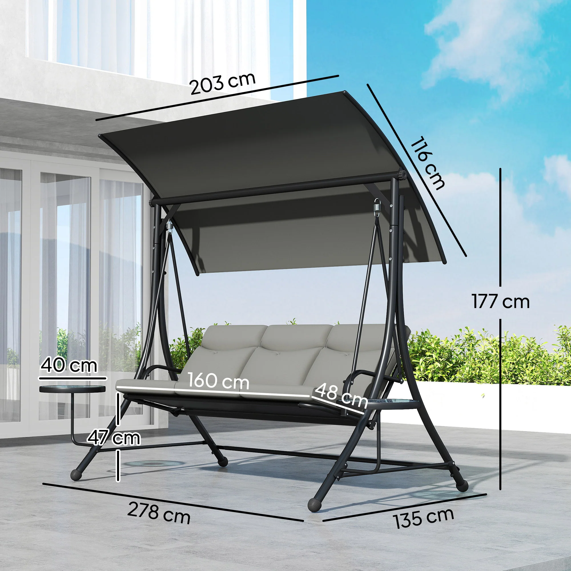 Outsunny 3 Seat Garden Swing Chair Steel w/ Adjustable Canopy and Coffee Tables - Image 5