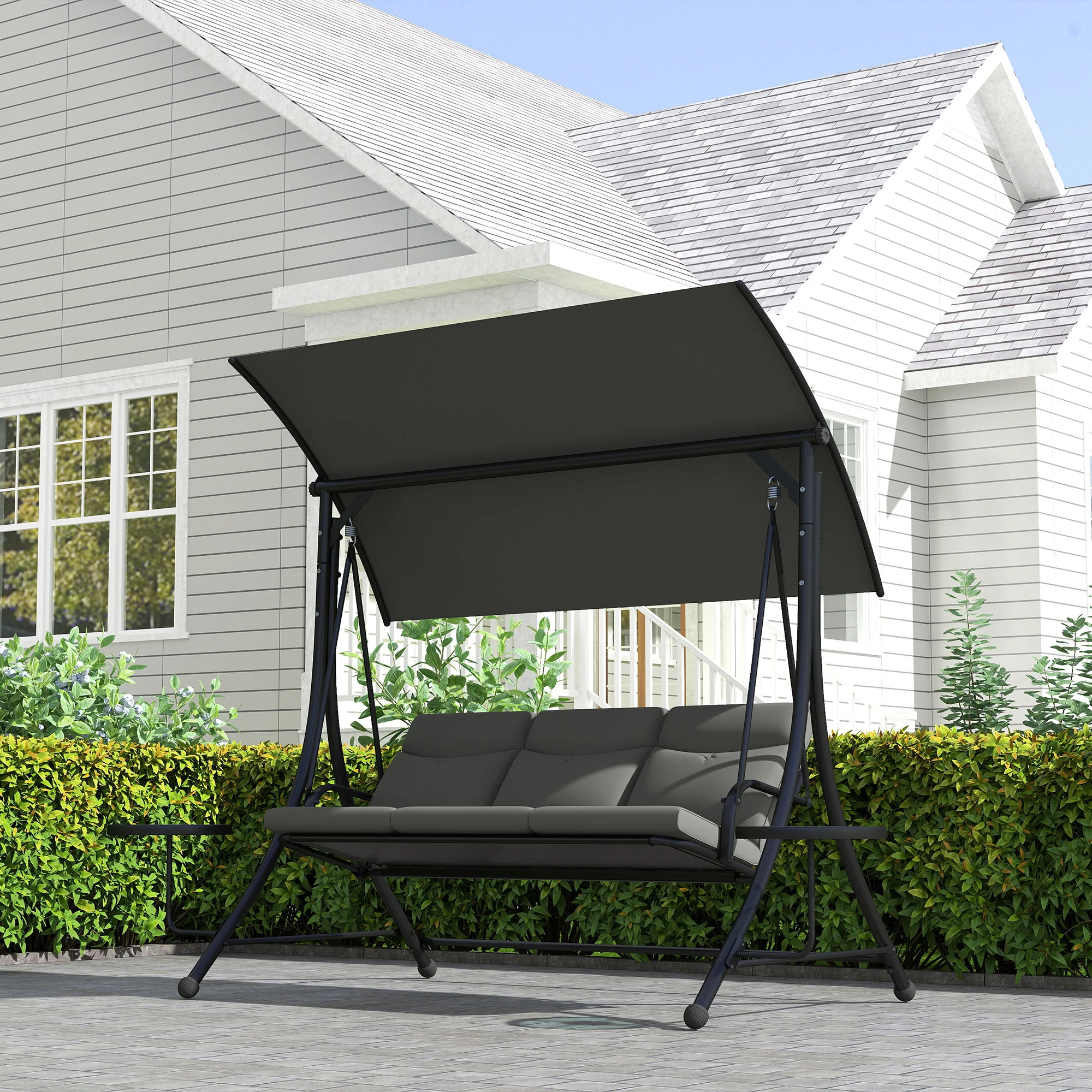 Outsunny 3 Seat Garden Swing Chair Steel w/ Adjustable Canopy and Coffee Tables - Image 9
